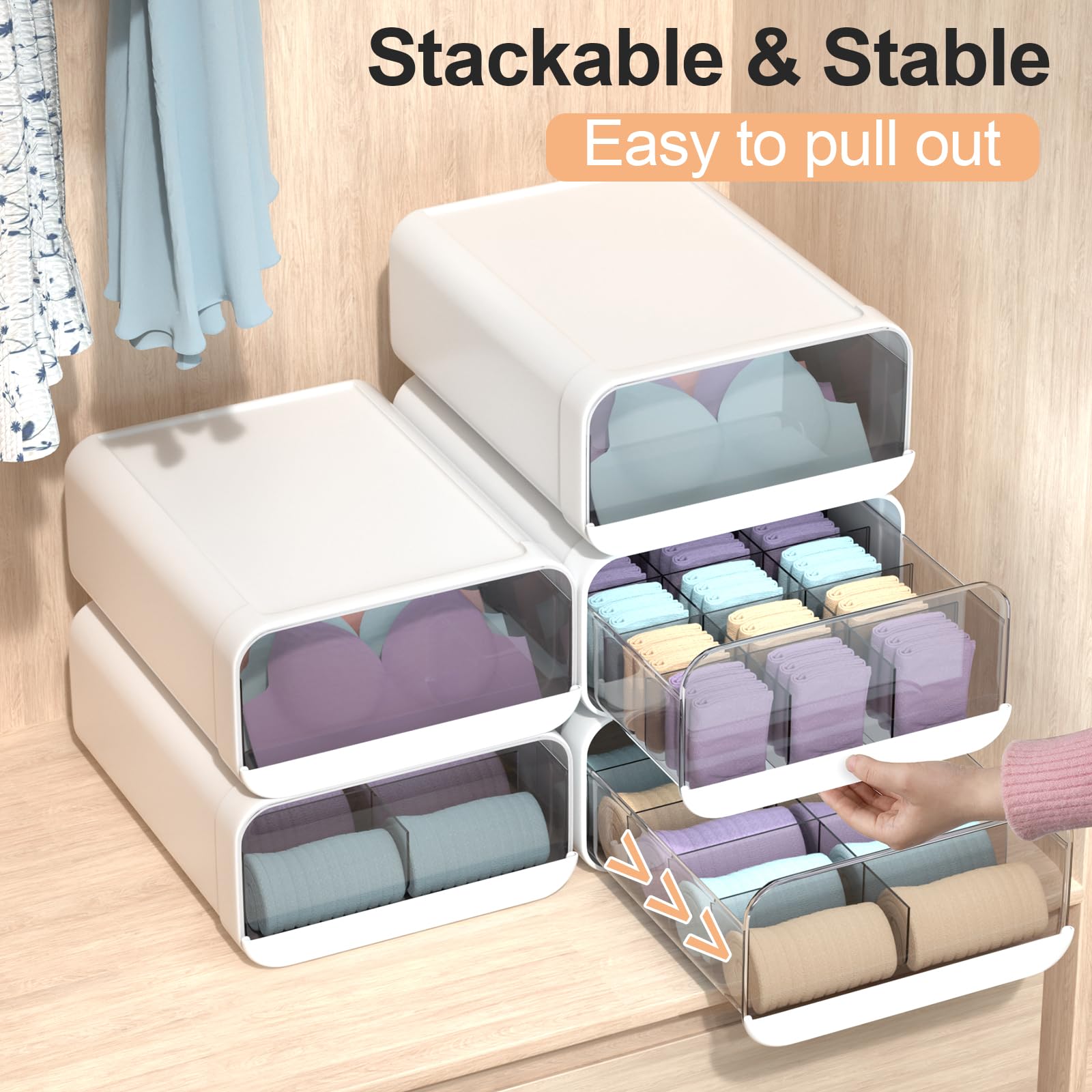 Miaocona Underwear Organizer Drawer, 15 Cells Plastic Sock Underwear Storage Drawer, Stackable Closet Organizers and Storage Box