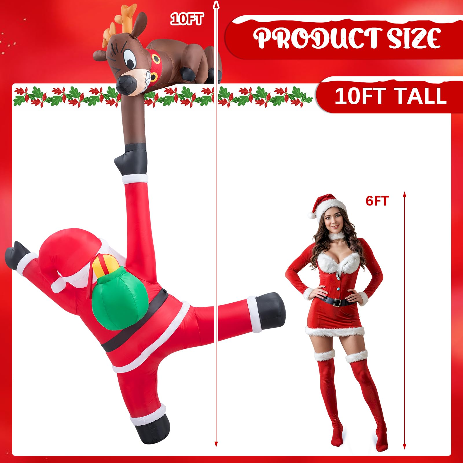 NatNarr 10 FT Inflatable Elk & Climbing Santa Yard Decor with LEDs, Multicolor, Model A1123K-11-V1