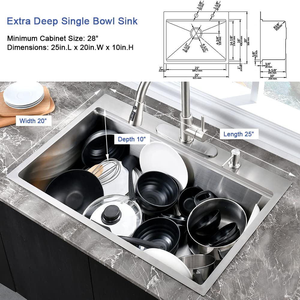 25 Inch Drop In Kitchen Sink Workstation-Hovheir 25X20X10 Stainless Steel Kitchen Sink Drop In Top Mount 16 Gauge Deep Single Bo