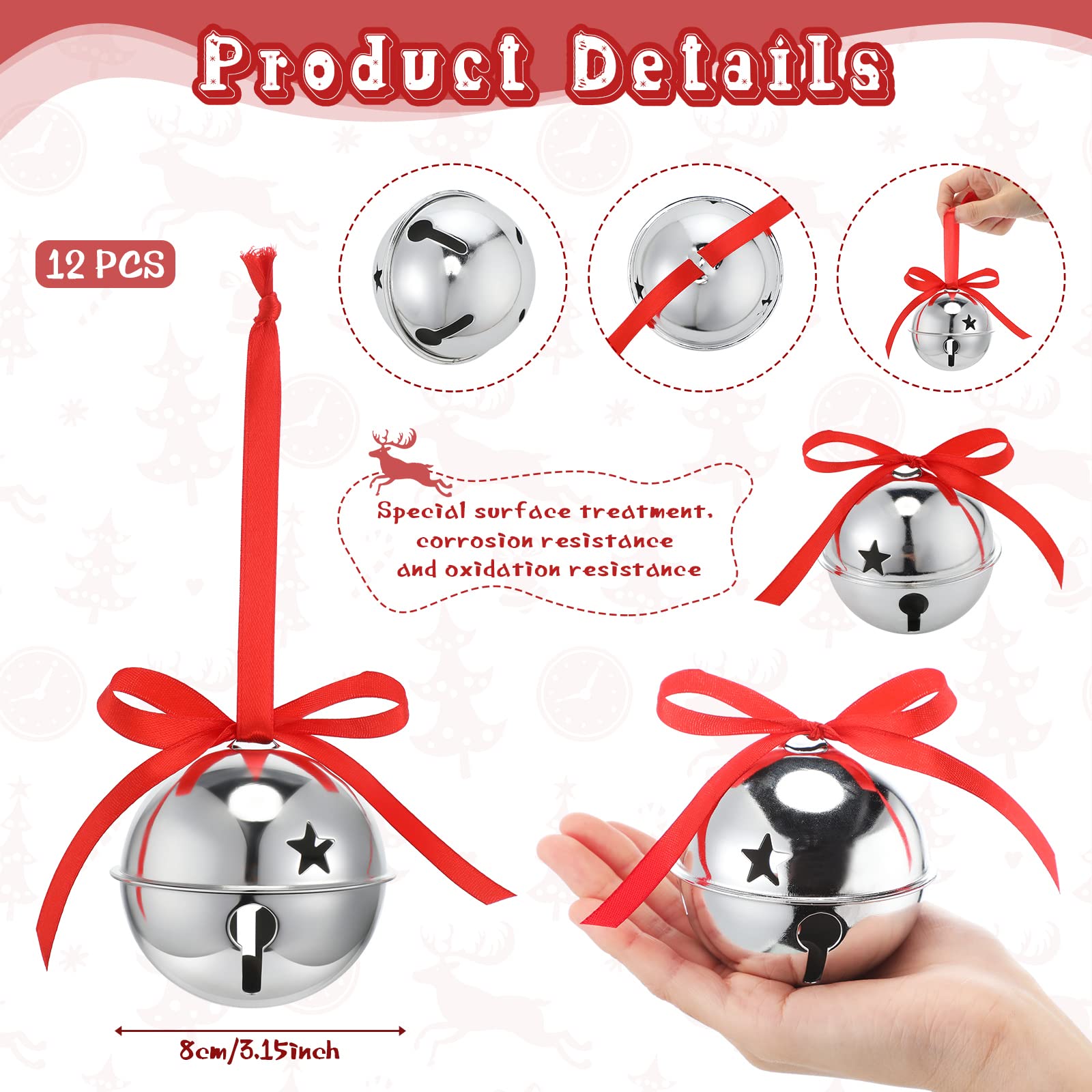 Roowest 12 Pieces Large Size Silver Christmas Star Bells Ornament 3.15 Inch Sleigh Jumbo Bells Christmas Tree Ornament with Ribb