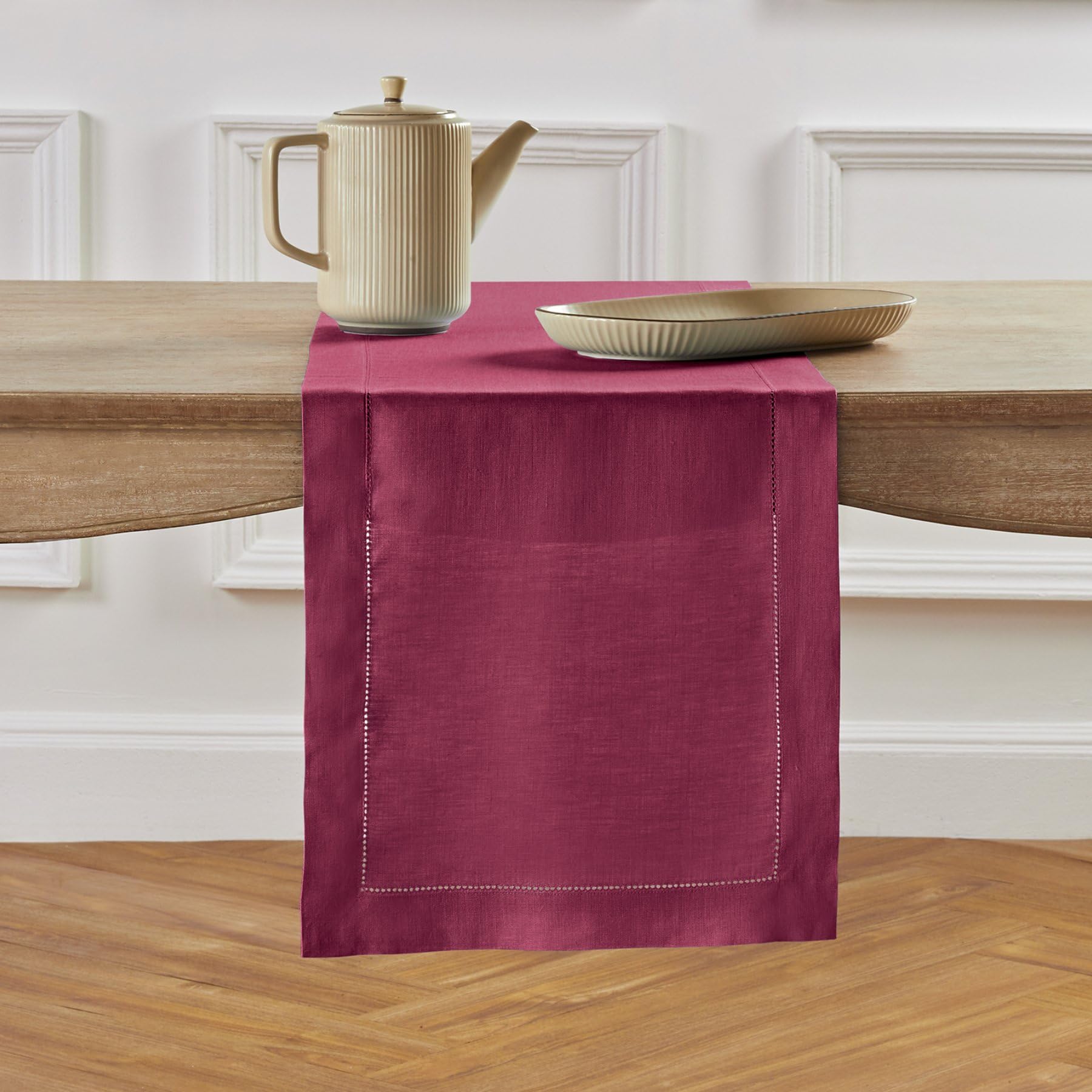 Solino Home Linen Beet Table Runner 36 Inch - 100% Pure Linen Classic Hemstitch Short Table Runner 14 X 36 Inch Ideal For Dresse