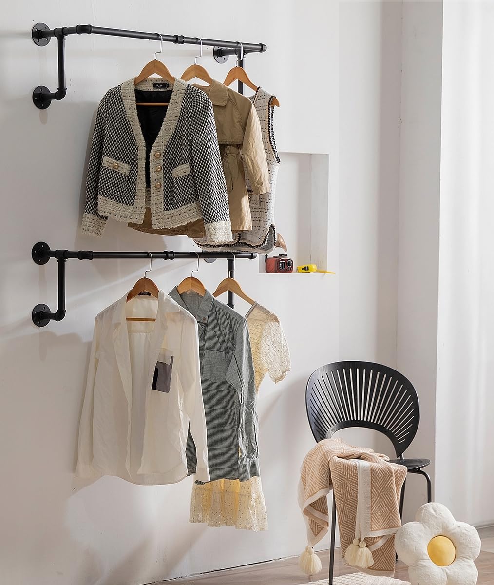 Clothes Rack, Industrial Wall Pipe Clothing Rack For Hanging Clothes, Wall Mounted Heavy Duty Space Saving Garment Rack, Multi-P