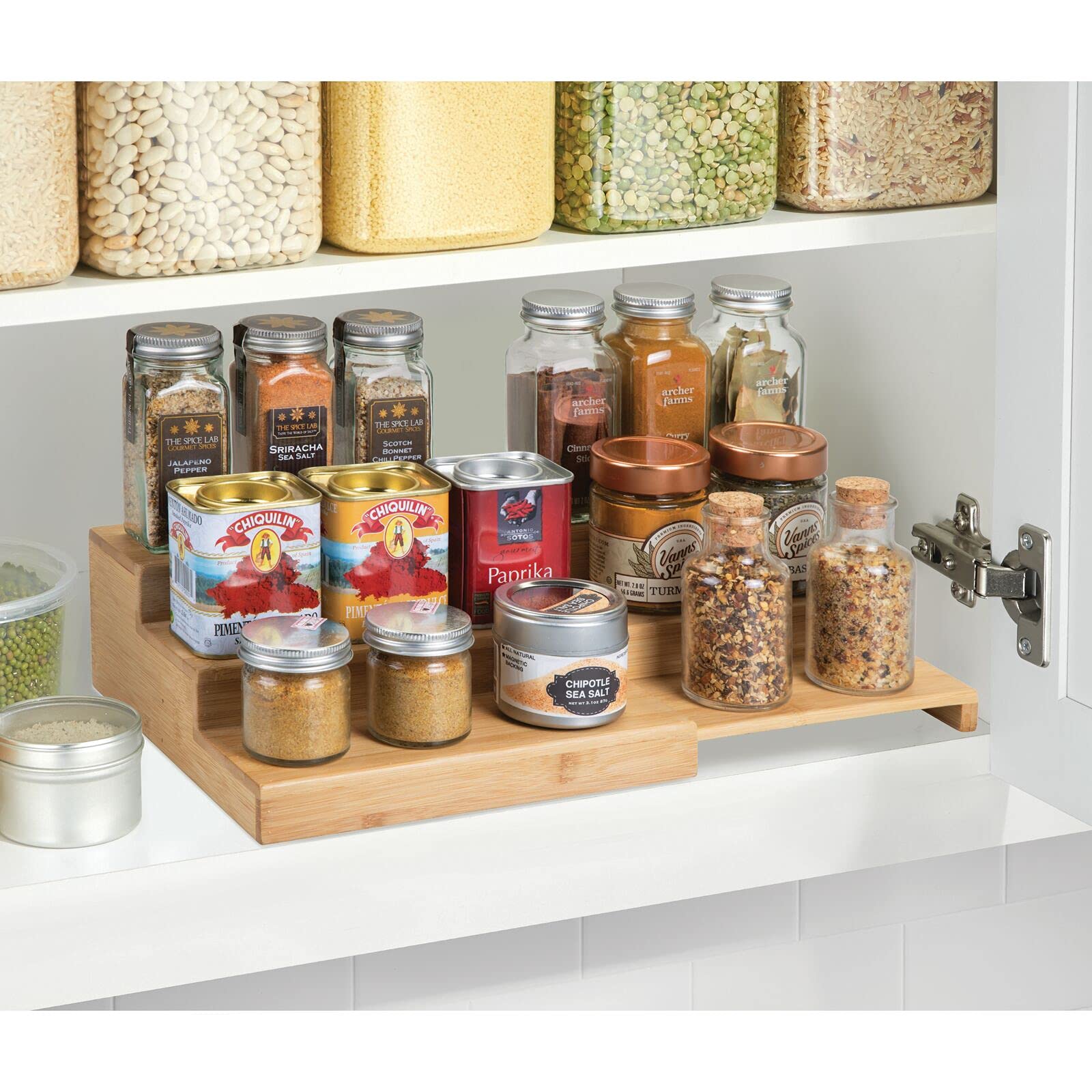 mDesign Bamboo Adjustable, Expandable Spice Rack Organizer with 3 Levels Storage for Kitchen Cabinet, Countertop, Pantry Shelf -