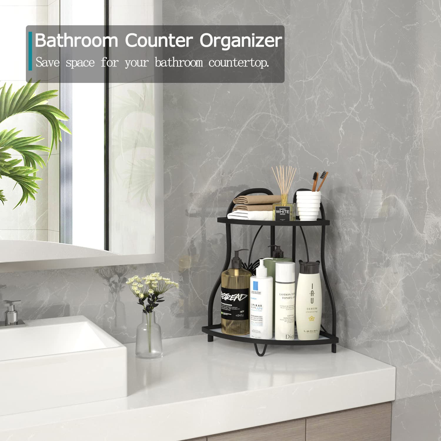 Tamomic Corner Bathroom Sink Organizer Countertop Shelf, Kitchen Corner Spice Rack Organizer Counter Storage,Black