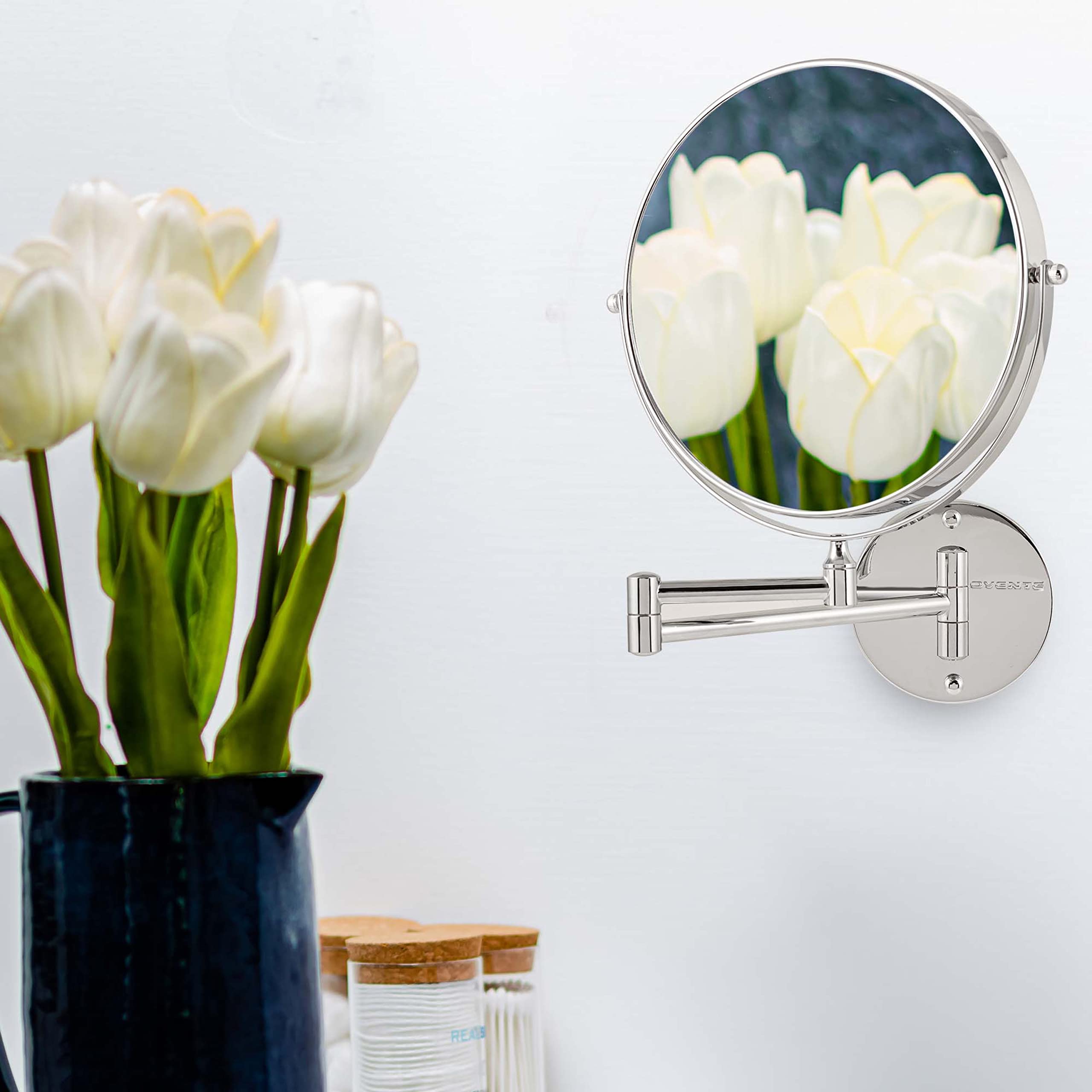 Ovente 9'' Wall Mounted Makeup Mirror - 1X/ 10X Magnification, Rotating 360-Degree, Double-Sided, Extendable & Folding Arm, Clea