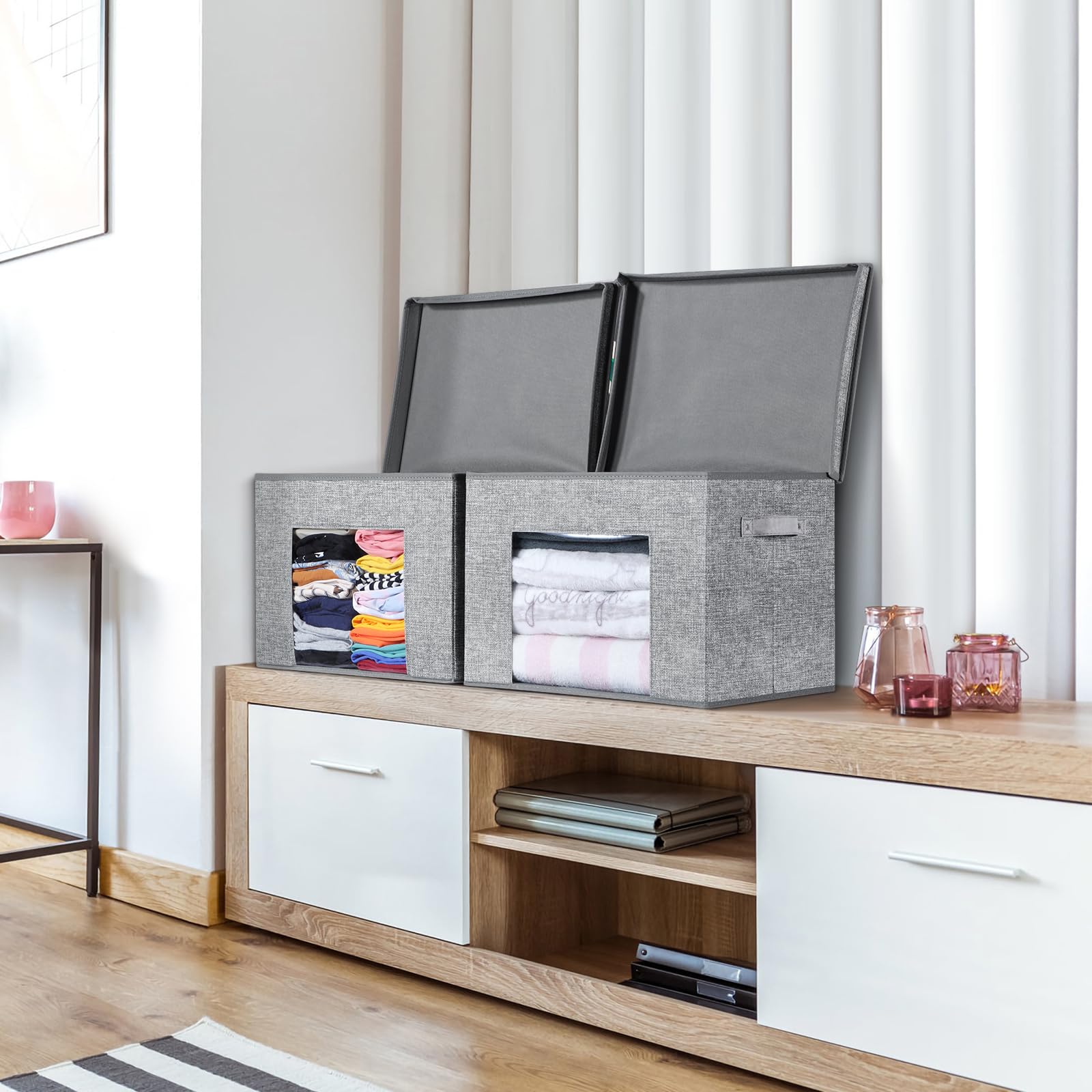 Univivi Collapsible Storage Boxes With Lids, Decorative Storage Bins [4-Pack] Foldable Storage Cubes Organizer Containers Organi
