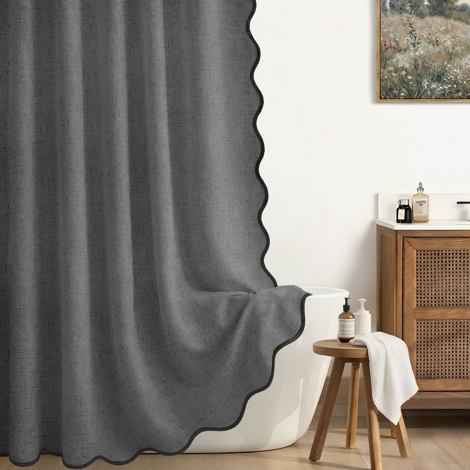 Xoguibo Linen Shower Curtain Flax Dark Gray Cute Black Scalloped Boho Modern Shower Curtains For Bathroom Set, 72 W X 72 L