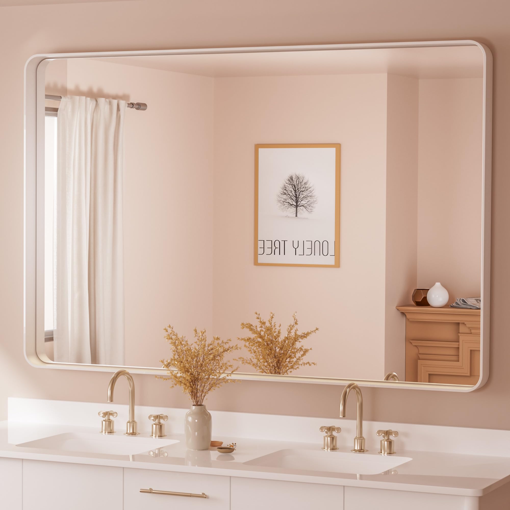 Tetote White Framed Mirror For Bathroom 60 X 36 Metal Frame Wall Mounted Rectangle Mirror For Vanity With Sandy Textured Surface