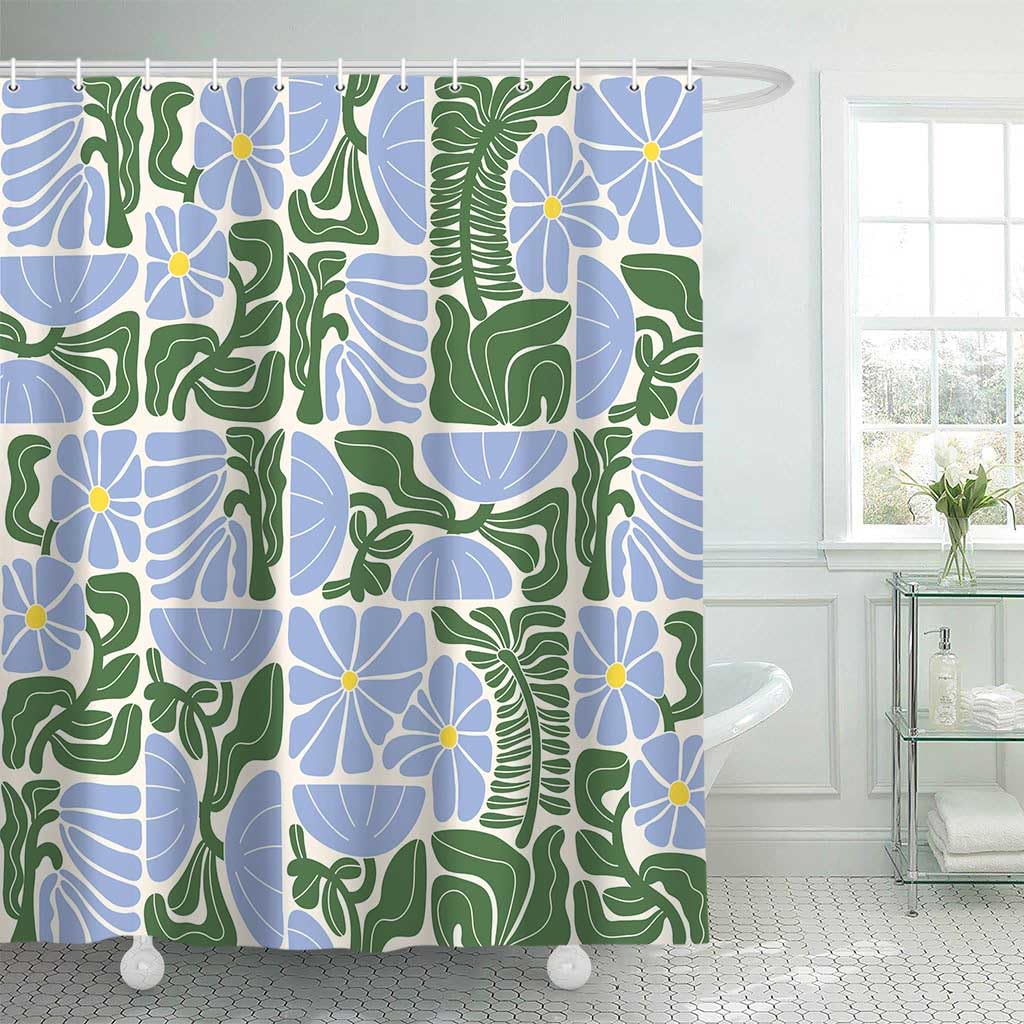 Deecabin Boho Abstract Colorful Floral Shower Curtain, Vintage Retro Patchwork Blue Green Flower Botanical Geometric Aesthetic G