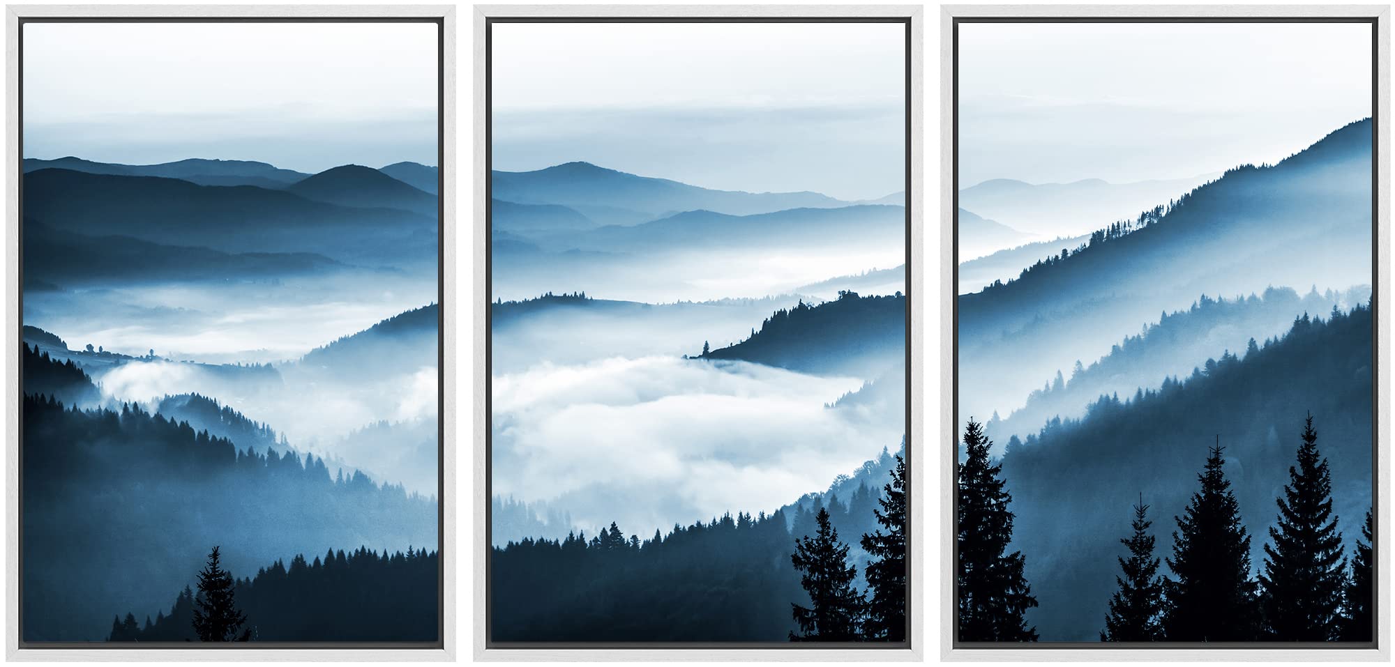 Signwin Framed Canvas Print Wall Art Set Misty Blue Duotone Mountain Range Forest Nature Wilderness Photography Modern Decorativ