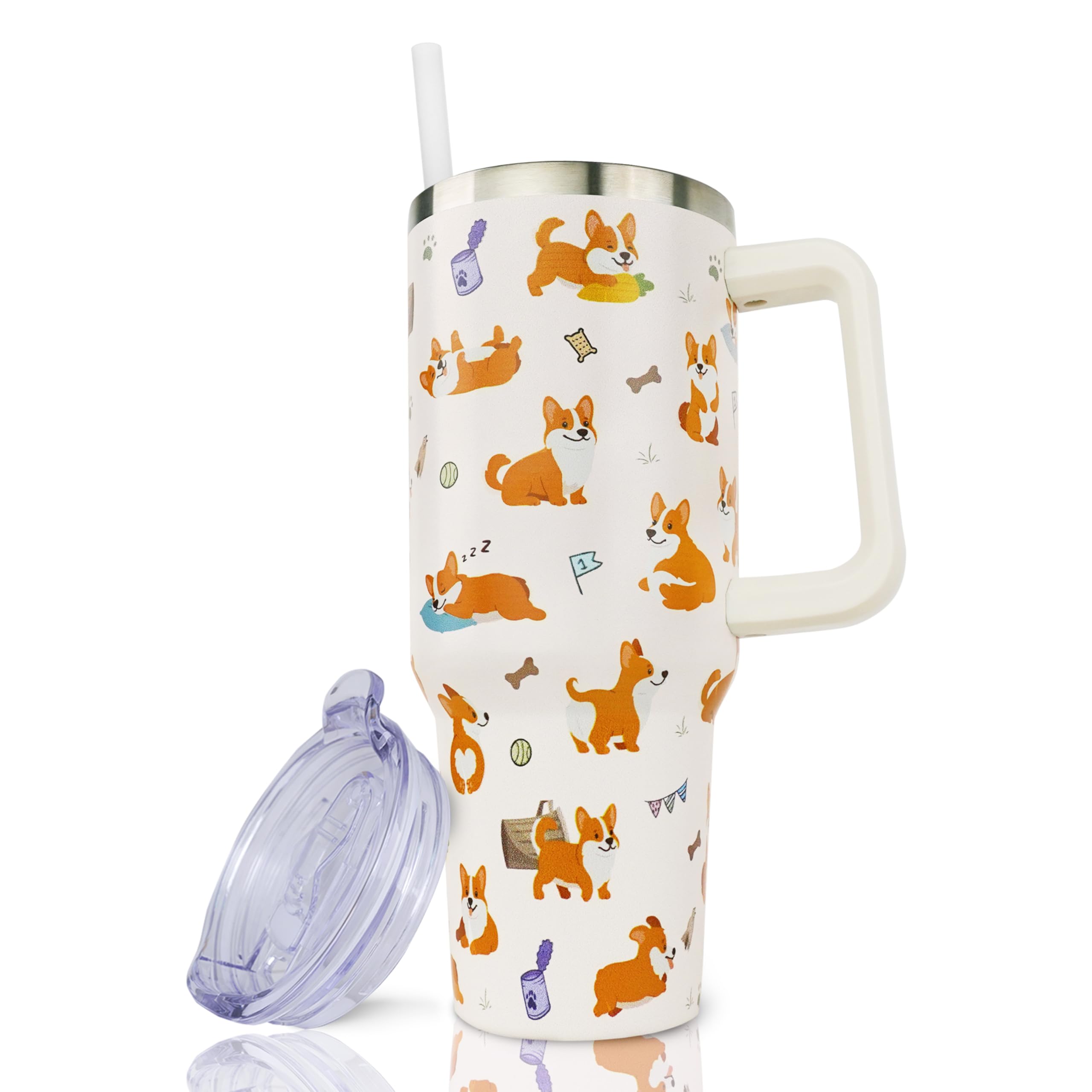 ZNYYZYBA Corgi Gifts, 40 oz Corgi Tumbler with Handle and Straw, Reusable Stainless Steel Dog Tumbler with Leak Proof Lid, Dog L