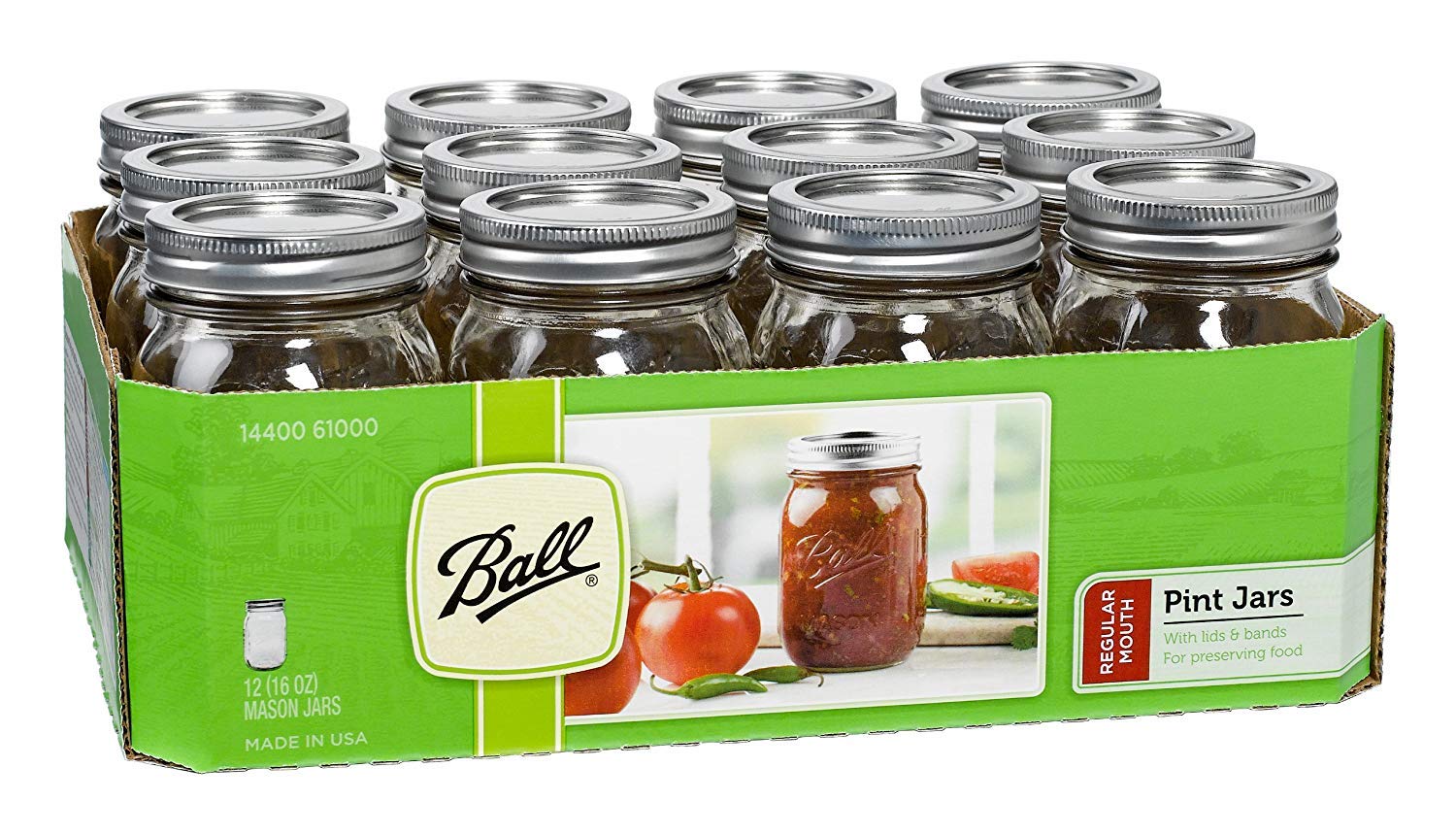 Ball Regular Mouth 16-Ounces Mason Jar With Lids And Bands (12-Units), 12-Pack, As Shown