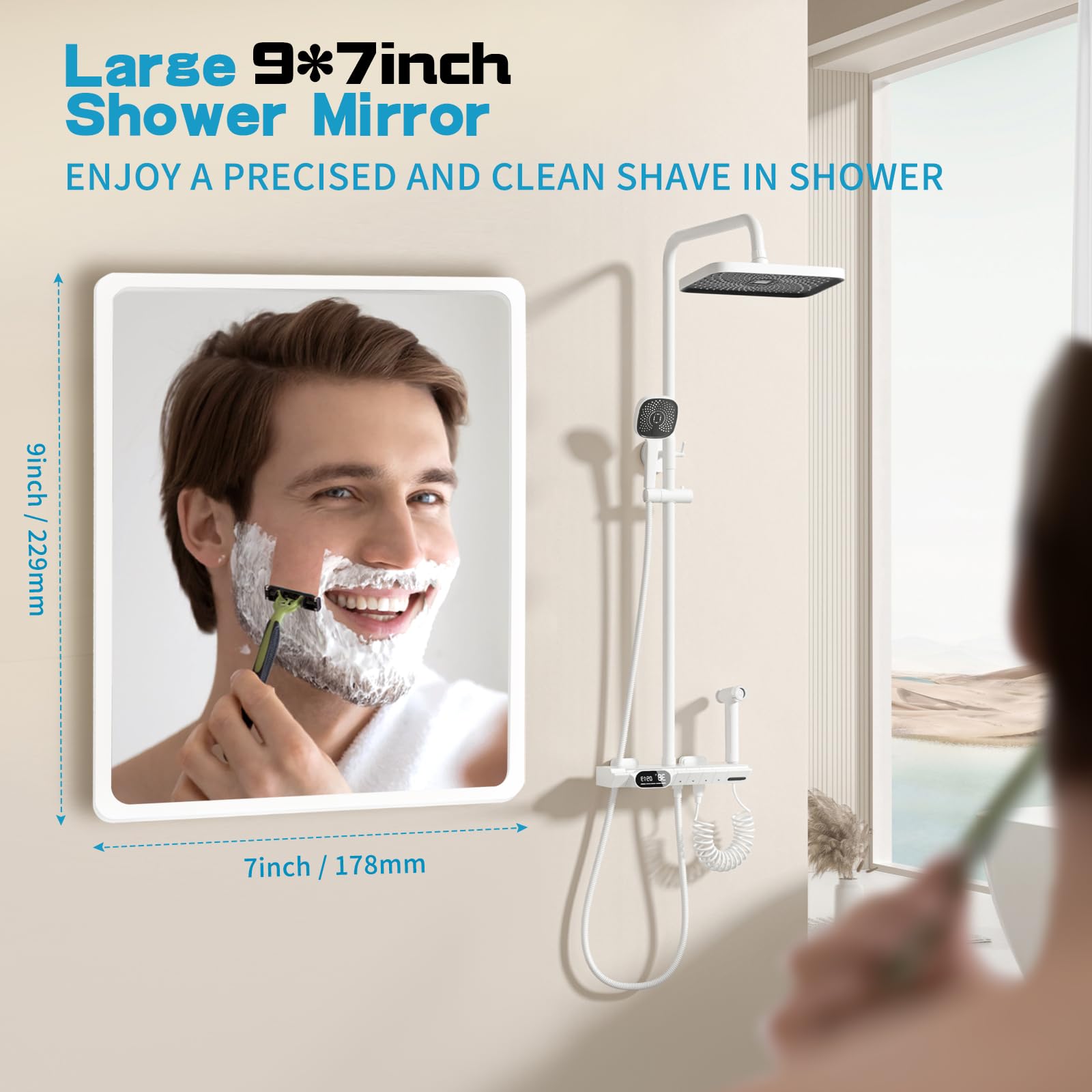 YoHumk Fog Free Shower Mirror (9 * 7 inch) 3M Adhesive Anti-Fog Bathroom Wall Mirror, Plastic Fogless Shower Makeup Mirror for S