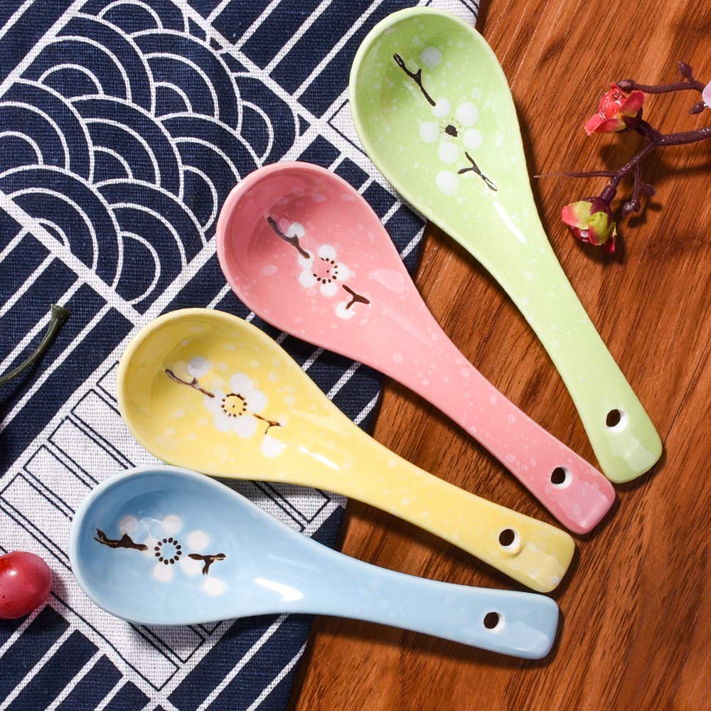 Japanese Soup Spoons Set Of 4, Coloured Plum Spoons For Soup Snack Cream