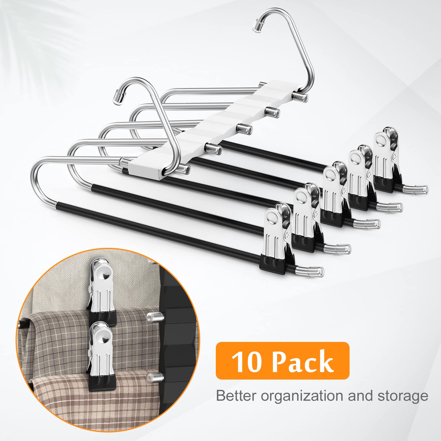 Loretoy 2 Pack Pants Hangers Space Saving, Anti-Slip Multi-Functional Pants Rack, Thickened Stainless Steel Tube With 10 Metal C