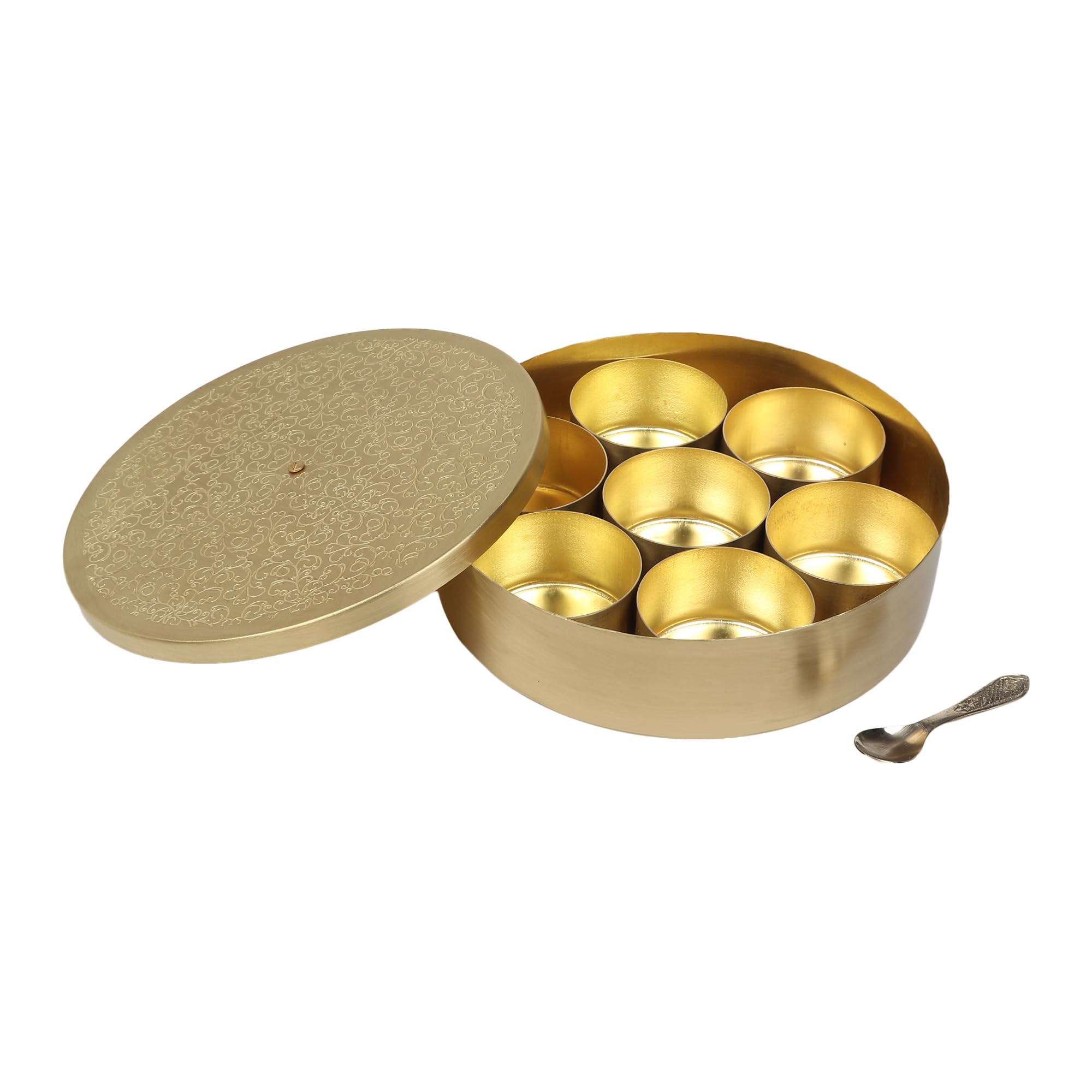 ZenithS Decor Handcrafted Brass Spice Box Set With Spoon And 6 Bowls For Kitchen Masala Box Detachable Container (22 Cm Diameter