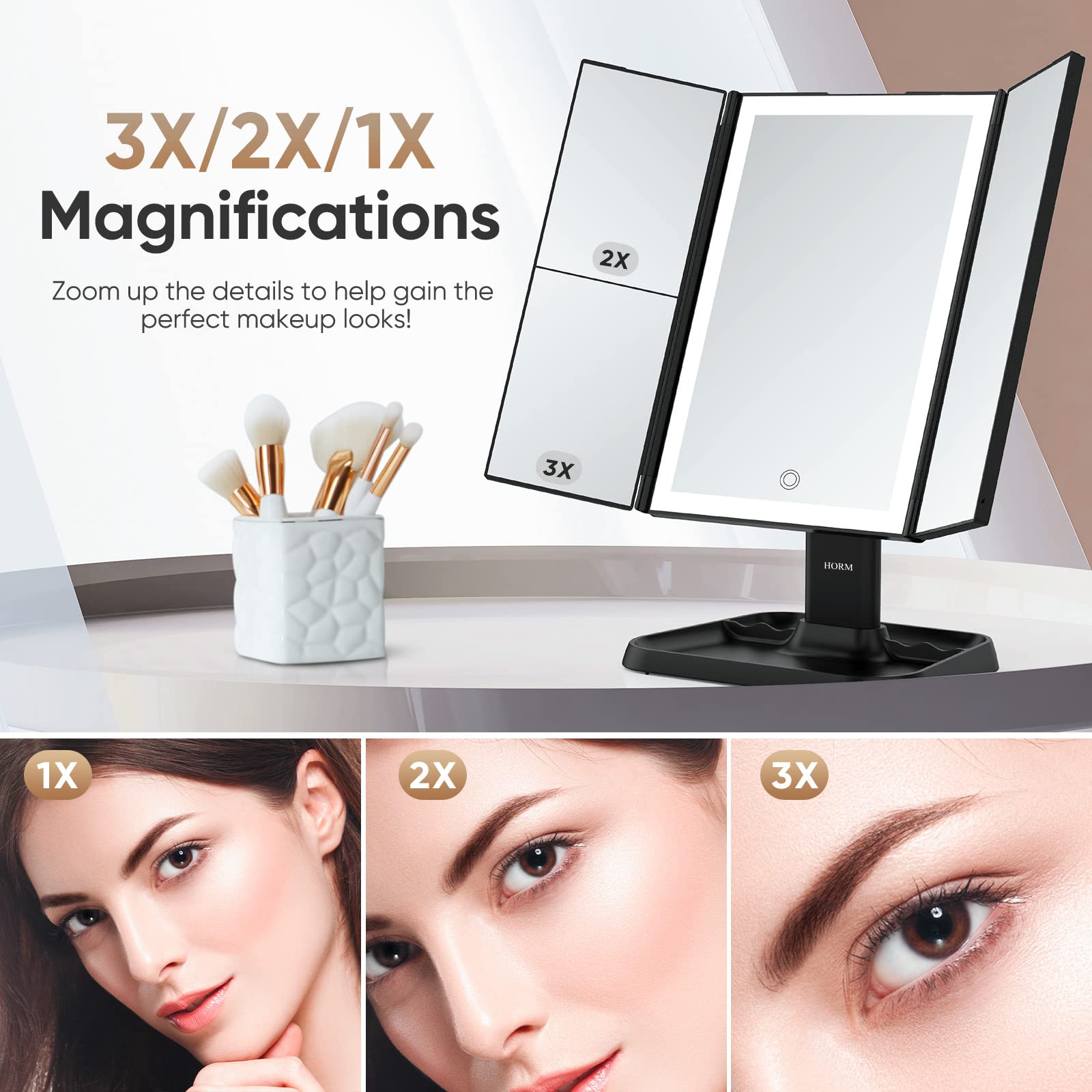 Trifold Makeup Vanity Mirror With Lights - 3 Color Lighting Modes 72 Led, Touch Control Design, 1X/2X/3X Magnification, Portable