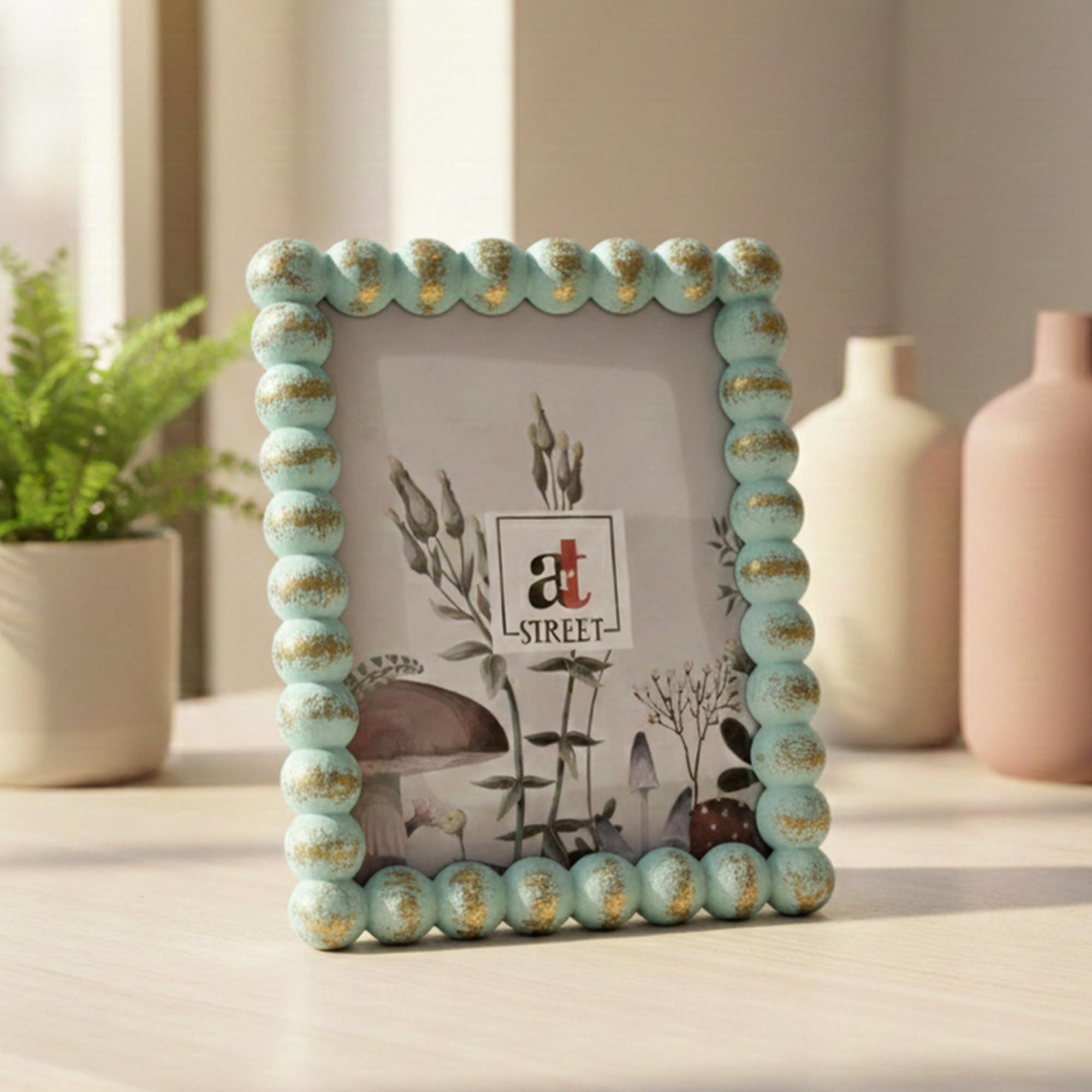Art Street 5X7 Inch Table Top Beaded Photo Frame, Sky Blue Mdf Picture Frame, Vintage Style For Home Decor, Office Desk, Valenti