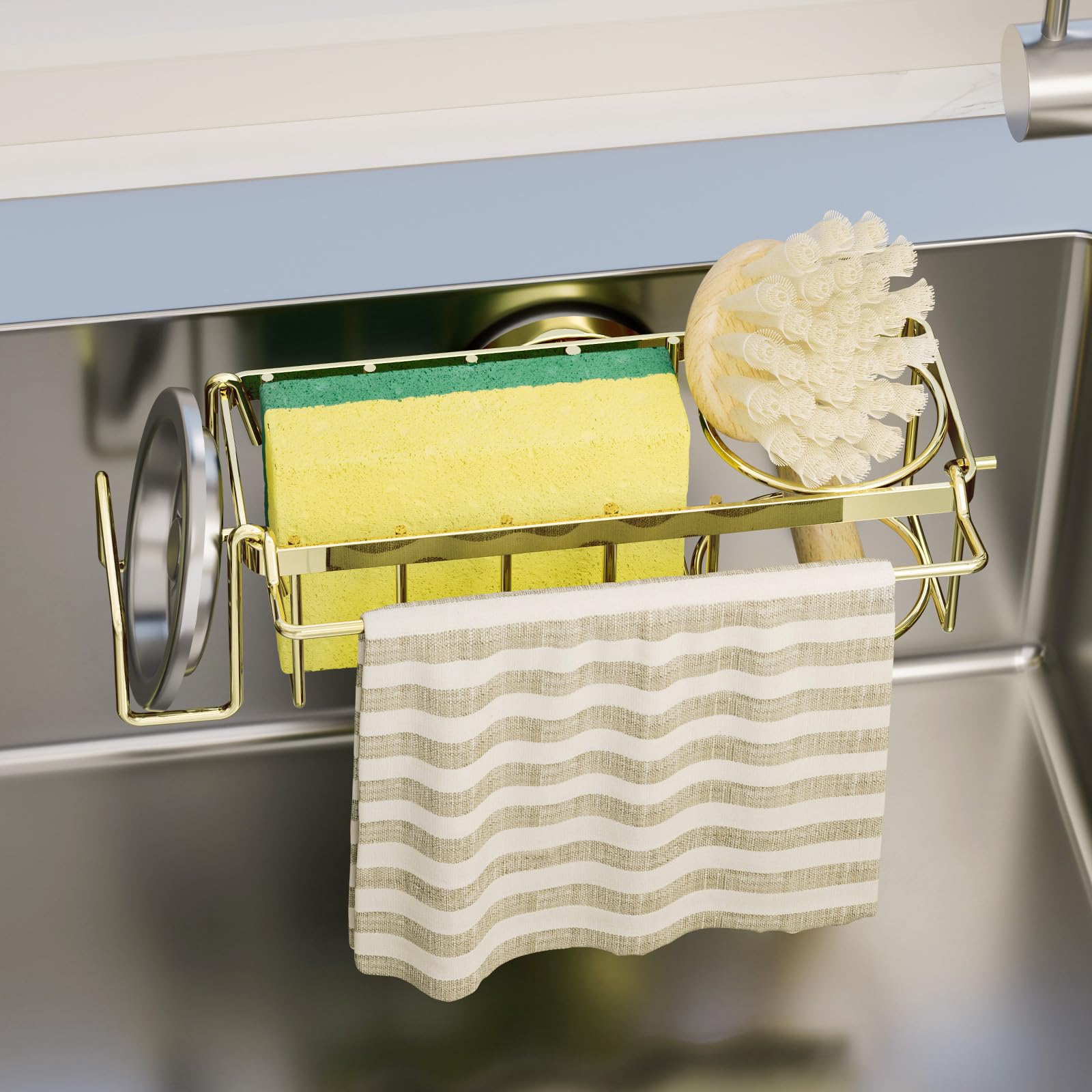 TAILI 4in1 Sink Sponge Holder for Kitchen with Strong Suction CupGold