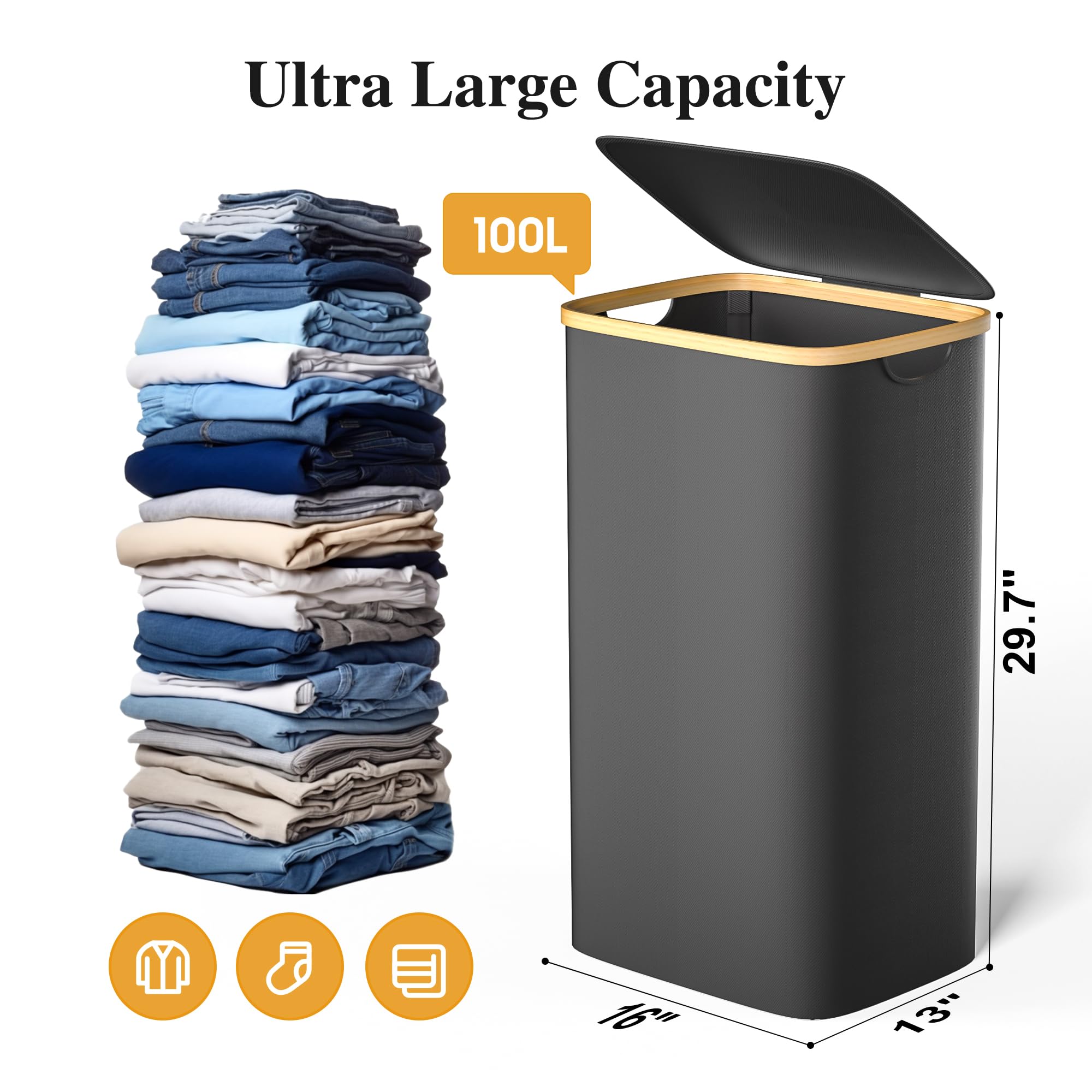 Foluck Large Laundry Hamper, 100L Waterproof Laundry Basket With Lid And Removable Bag, Collapsible Tall Clothes Hamper With Bam