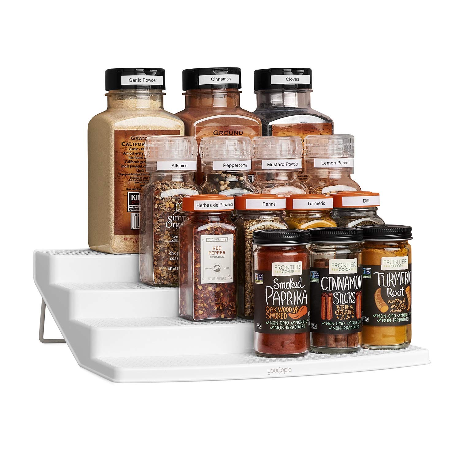 Youcopia Spicesteps 4Tier Kitchen Cabinet Spice Shelf Organizer, 24Bottle, White