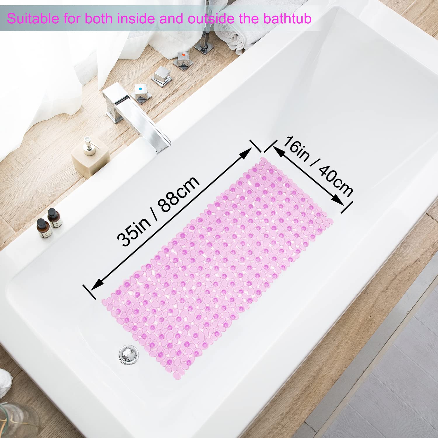 TEESHLY Bath Tub and Shower Mats  Non-Slip Pebble Bath Mat  35 x 16 Inches Machine Washable Bathtub Mat with Drain Holes  Suction Cups for Bathroom (Clear Pink)