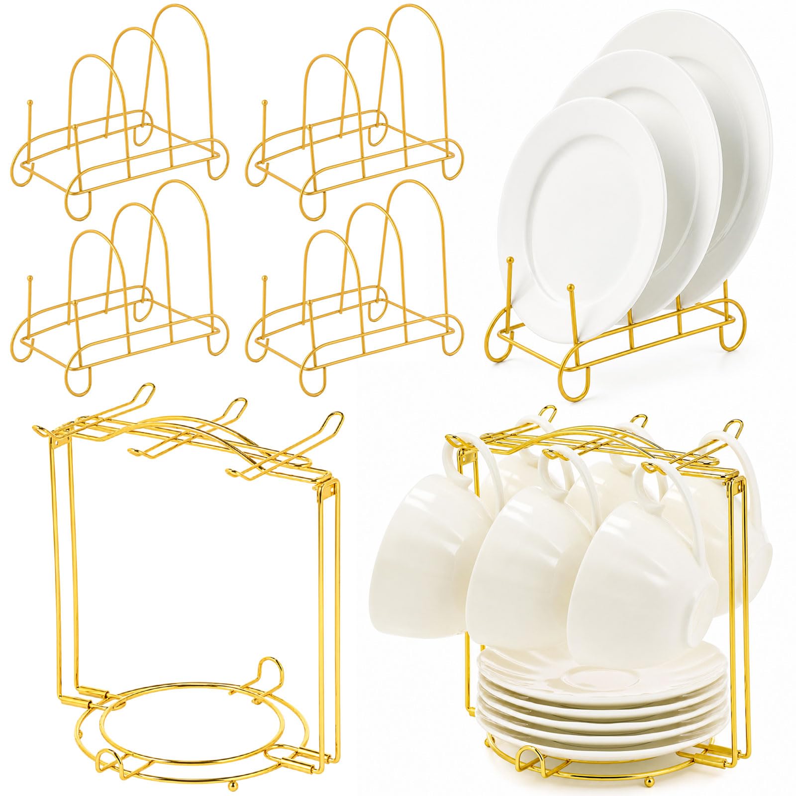 ElaraBerry Plate Stand and Cup Holder, 3Tier Display Rack, Gold, 5 Pcs