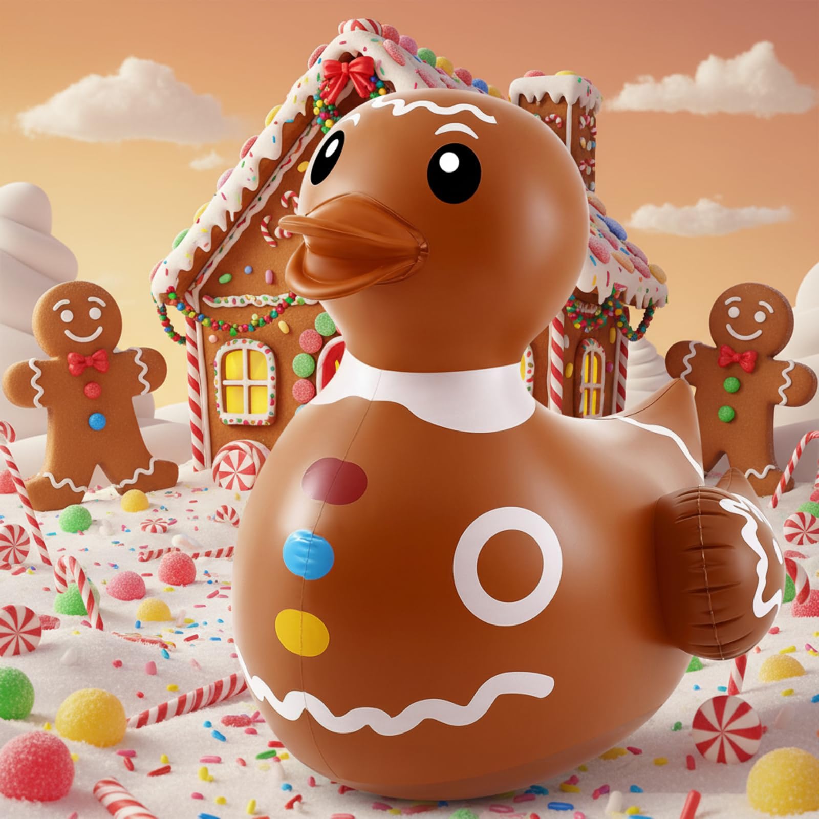 Hungdao 1 Pcs 4 Feet PVC Christmas Giant Inflatable Gingerbread Duck Huge Rubber Large Blow up Duck Christmas Pool Floats for Xm