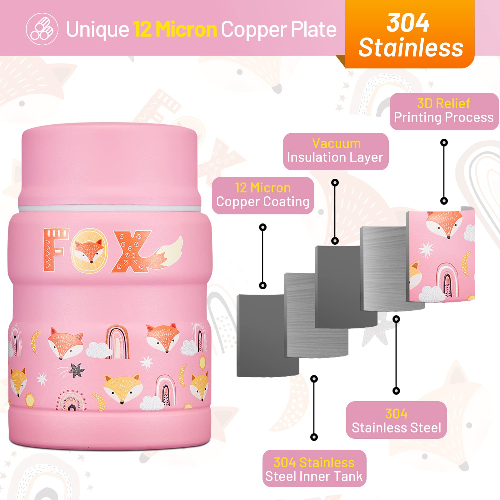 Charcy 17Oz Thermo For Hot Food, Insulated Lunch Food Container With Folding Spoon Qb - Pink Fox