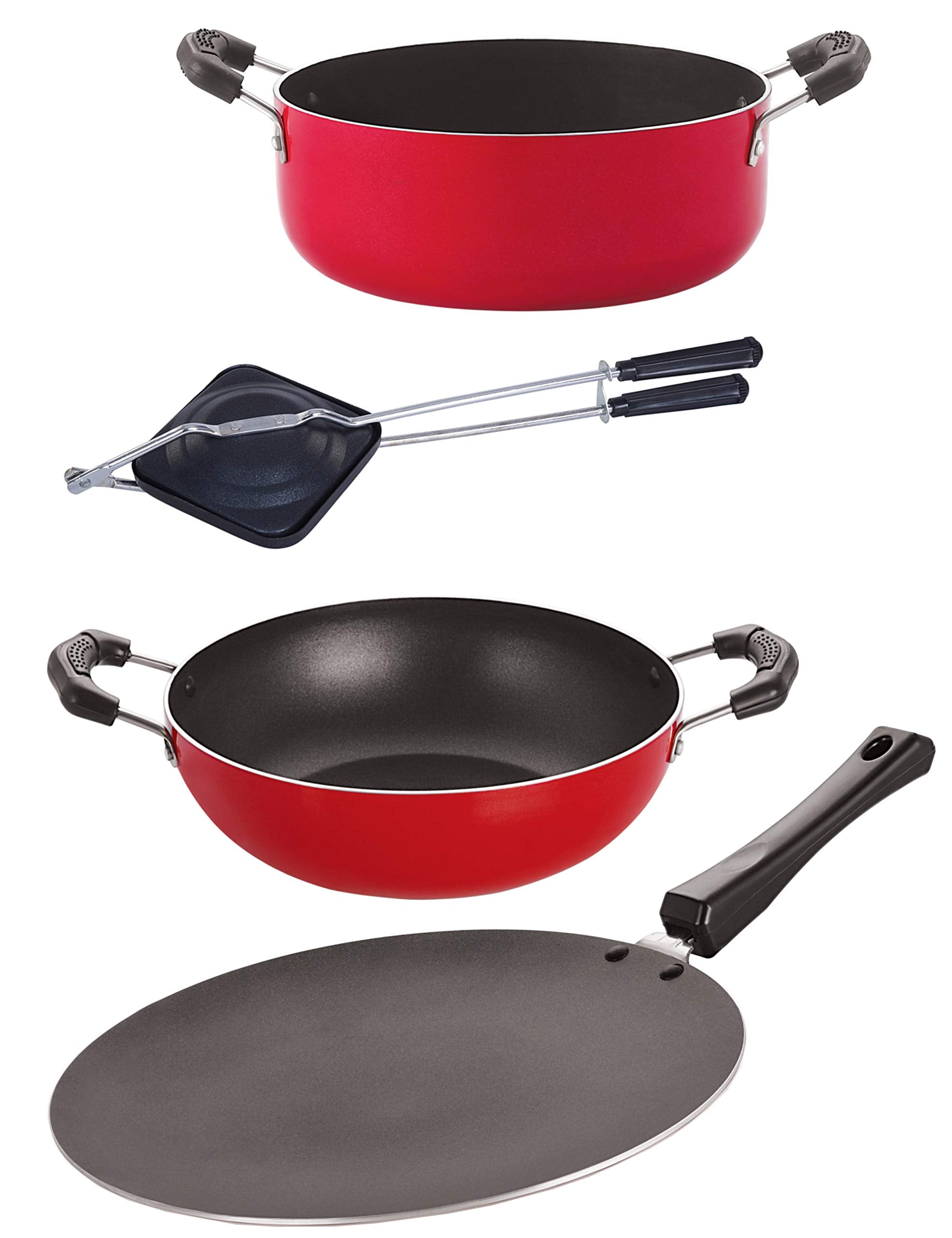 Nirlon Aluminium Nonstick Cooking Pots & Pans 4 Pieces Set, Red (1 Concave Tawa 27.5Cm /1 Kadhai 2.5 Ltr/1 Hand Toster/1 Cassero