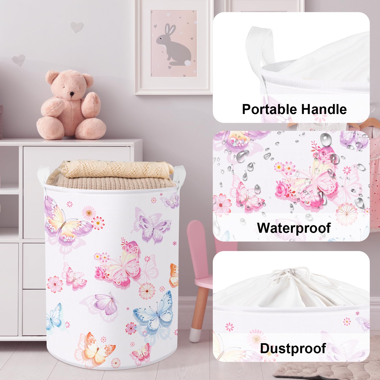 Clastyle Large Purple Pink Butterfly Laundry Basket Waterproof Flower Clothes Nursery Hamper for Baby Girl Collapsible Toy Stora