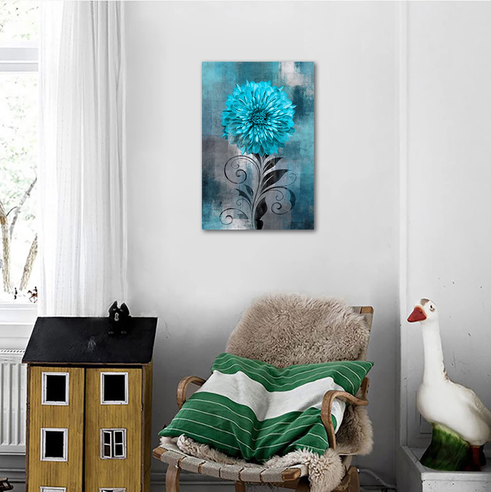 Abstract Flower Wall Art Teal Flowers Canvas Pictures Rustic Blossom Canvas Painting For Living Room Bedroom Wall Decor Modern T