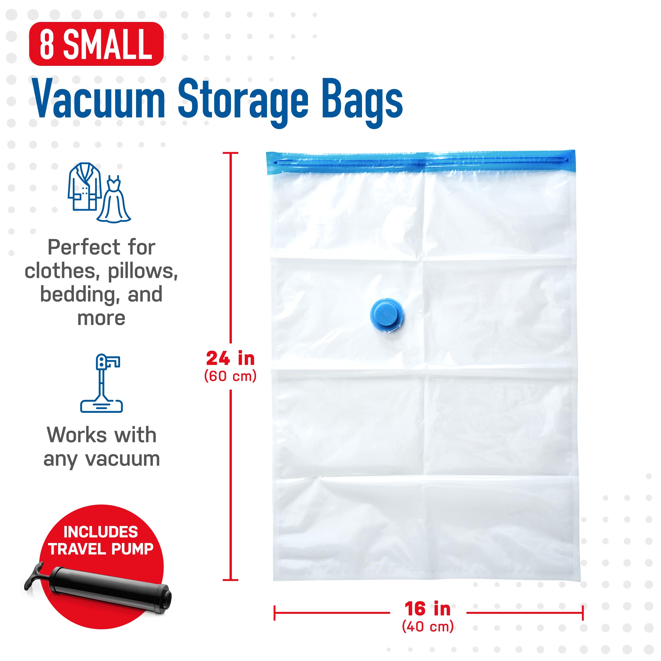8 Pack Small Vacuum Storage Bags for Comforters, Blankets & Clothes - Vacuum Sealed Compression Bags with Hand Pump - Space Save