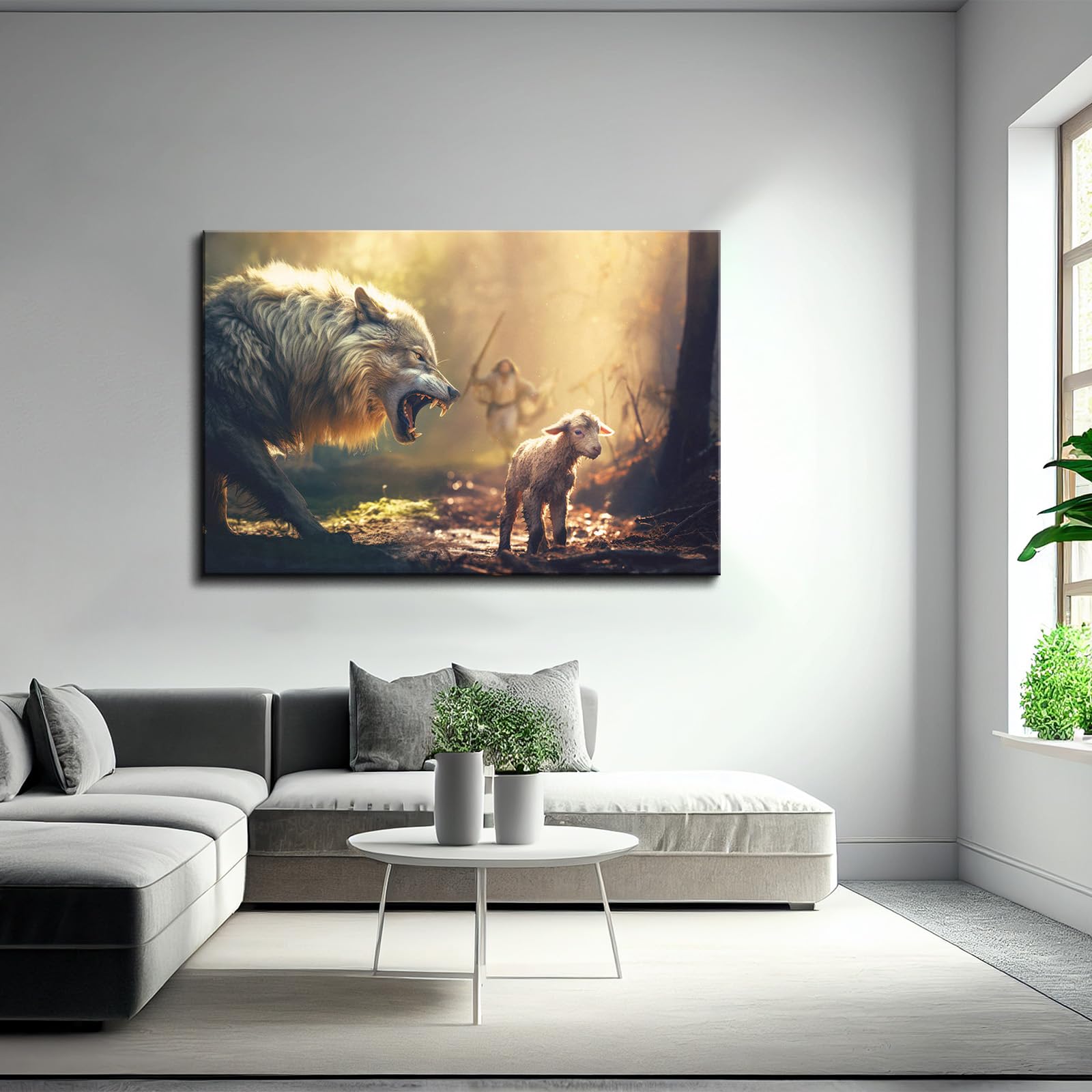 Yonica Christian Wall Art Jesus Running Towards Wolf And Lamb Pictures Jesus Art Wall Decor For Living Room Bedroom Church Decor