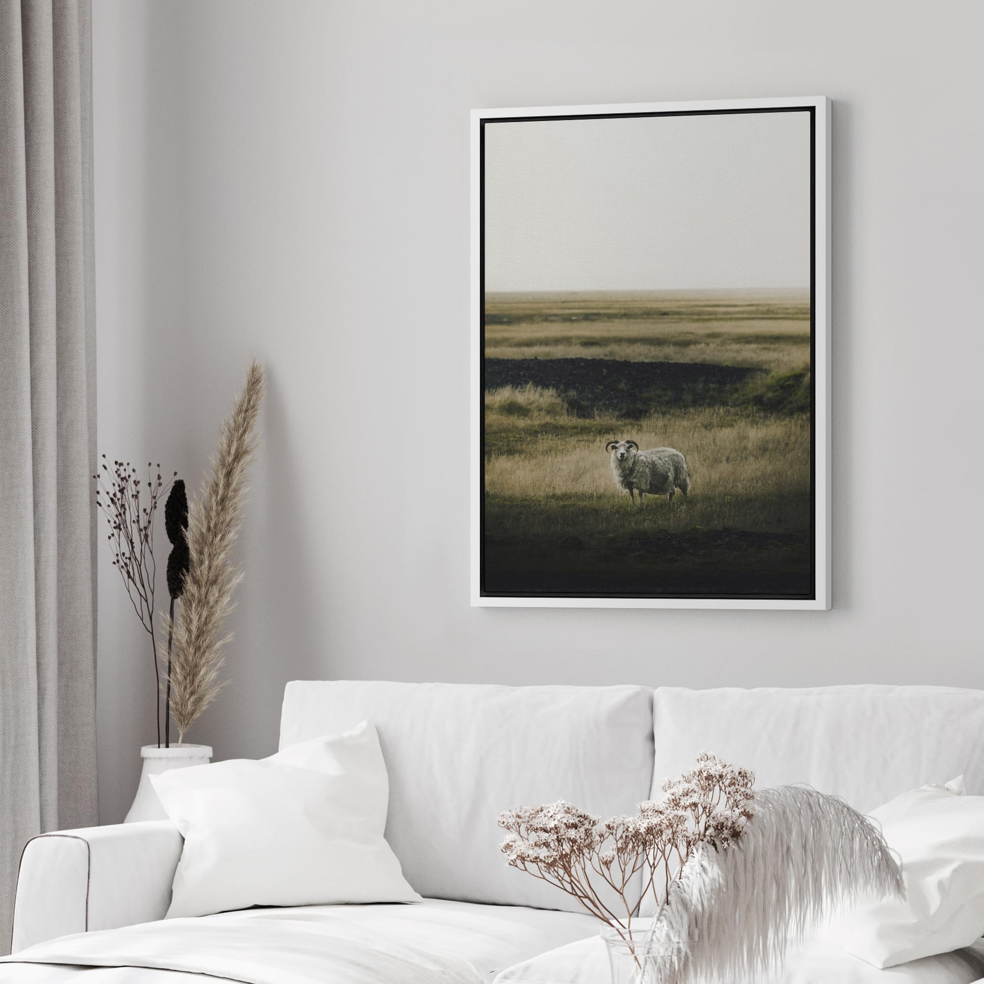 Wall26 Framed Canvas Print Wall Art Lone Sheep In Vast Grassland Animals Photography Realism Rustic Scenic Landscape Wilderness