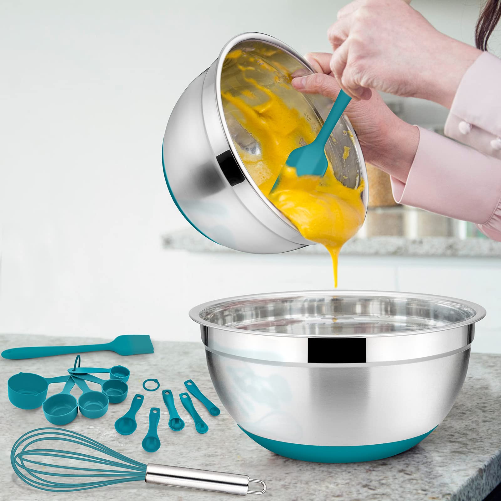 22-Piece Mixing Bowls With Teal Blue Lids & Accessories Set, E-Far Stainless Steel Nesting Bowls With Covers & Non-Slip Bottoms,