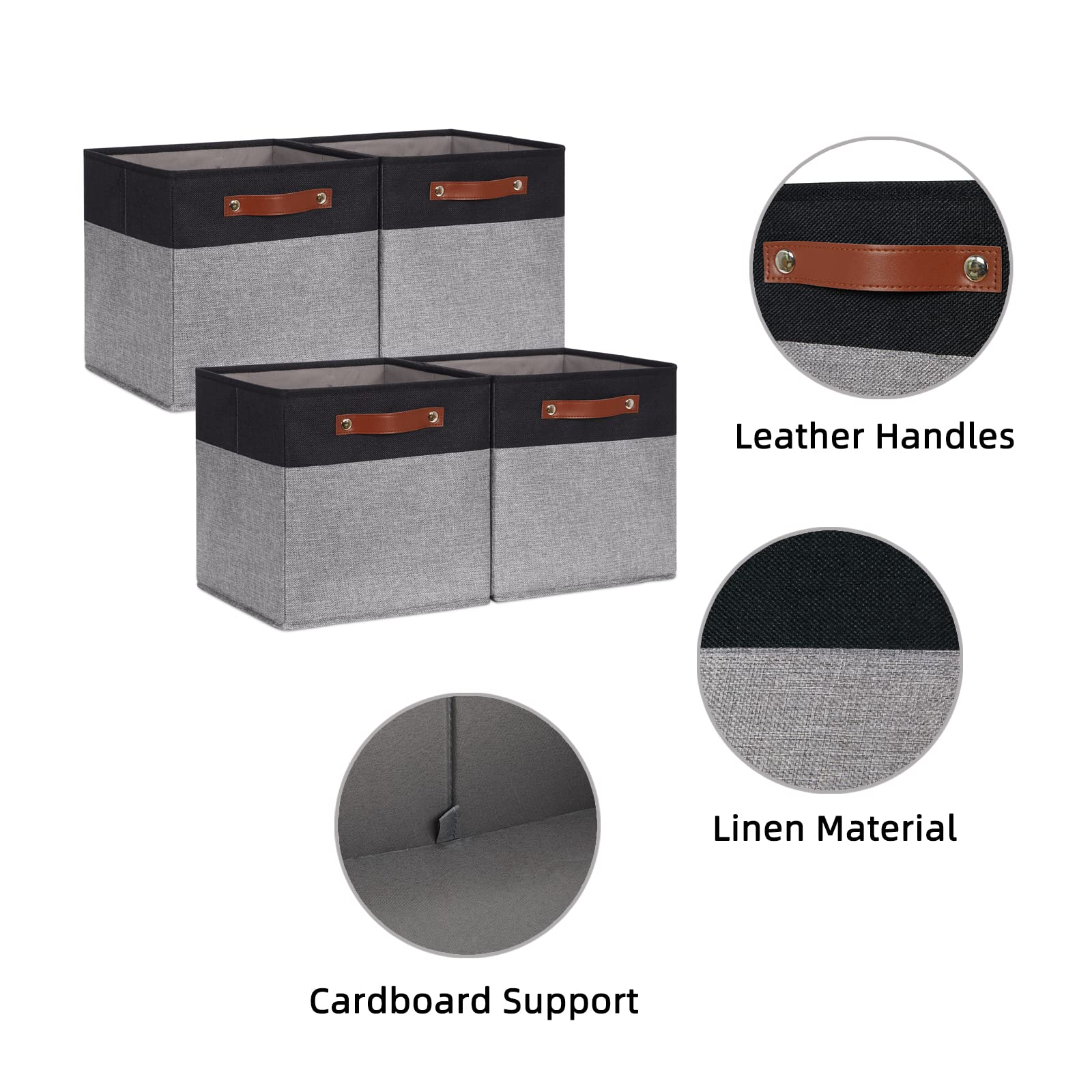 HNZIGE Cube Storage Baskets Fabric Storage Cubes 12 x 12  Set of 4 Decorative Storage Baskets for Organizing with Handles Closet Bins for Shelf Organizer Home Toy Nursery Closet(Black Gray)