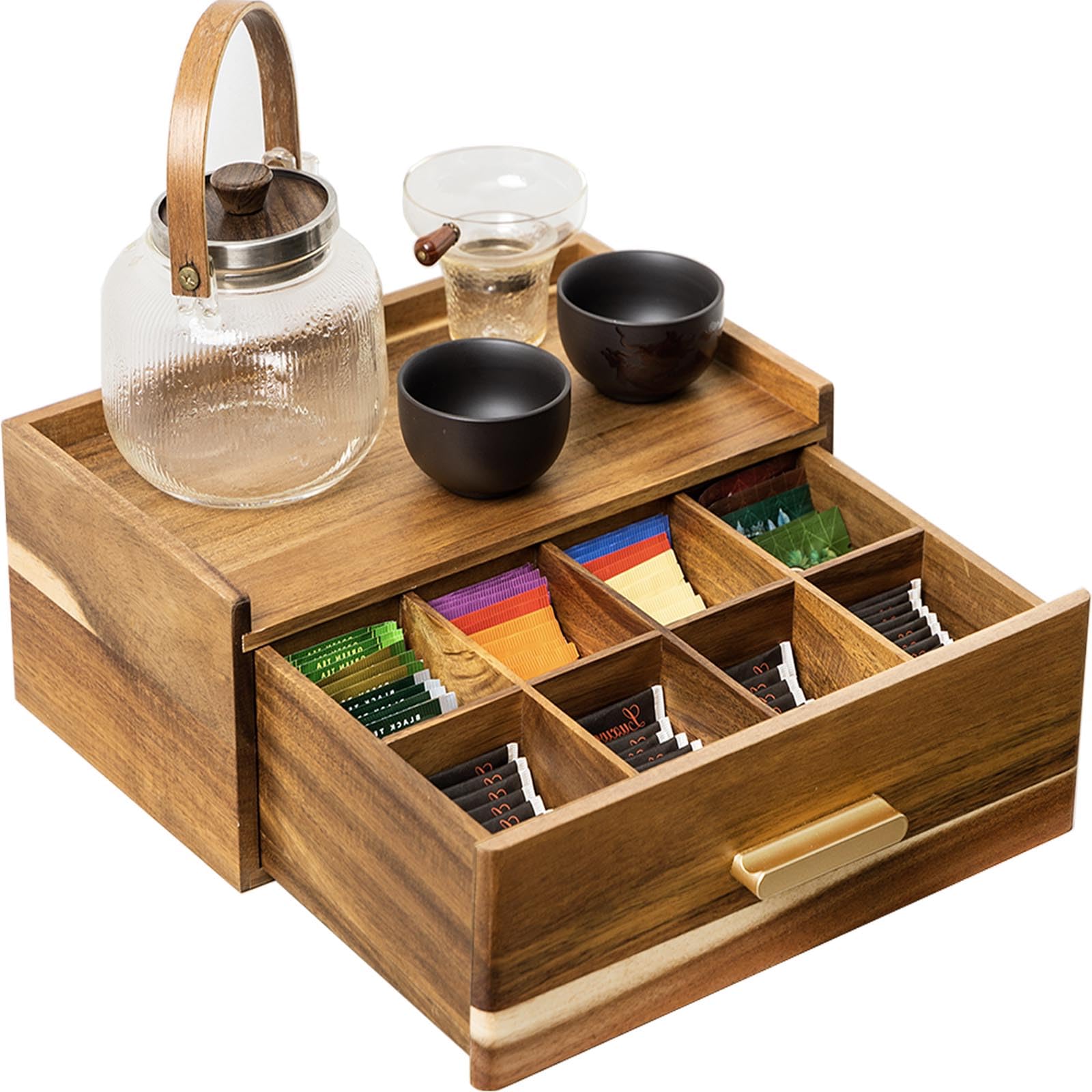 Acacia Wood Tea Bag Organizer, Tea Organizers And Storage Box, Tea Caddy For Tea Bags Storage Drawer, Teabag Holder Container Bo