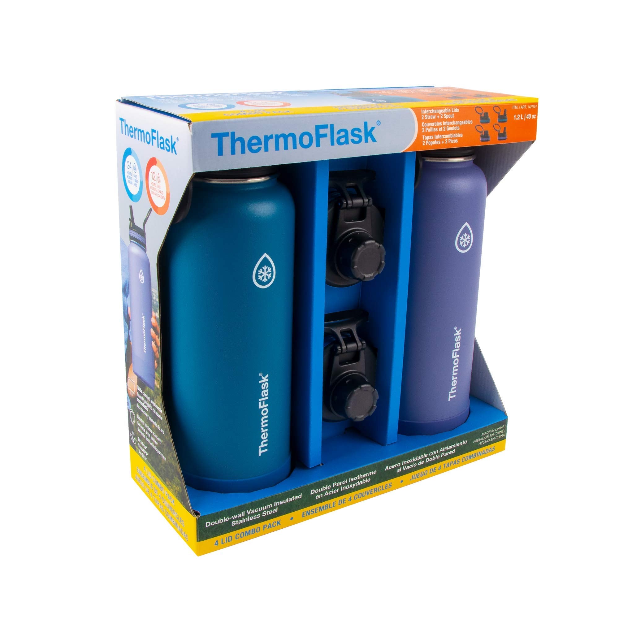 Thermoflask 40 Oz Double Wall Vacuum Insulated Stainless Steel 2-Pack Of Water Bottles, Superior Blue/Mauve