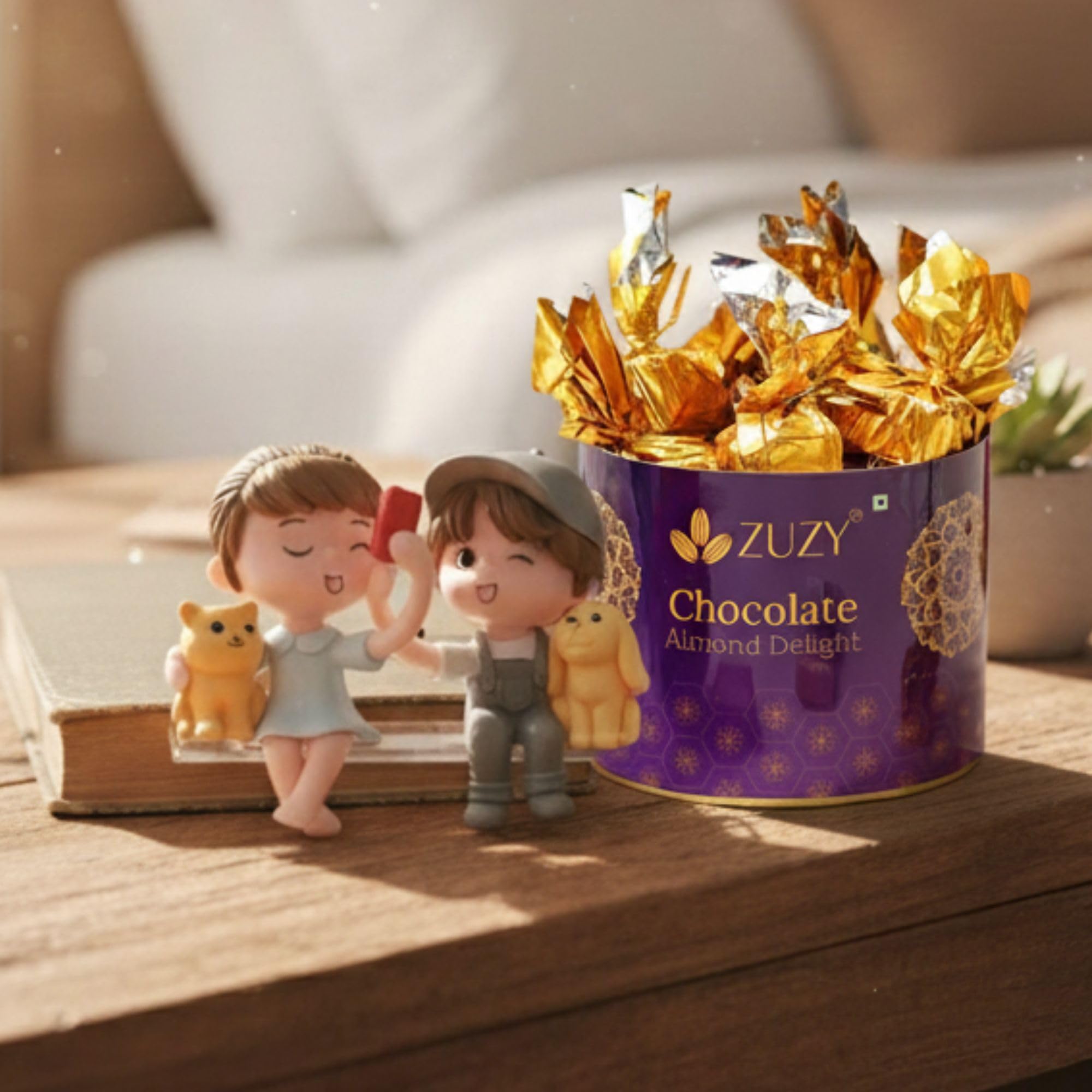 Ecraftindia Couple Statue Miniature Showpiece And Zuzy Almond Chocolates Gift Box | Valentine Gift For Girlfriend Boyfriend Husb