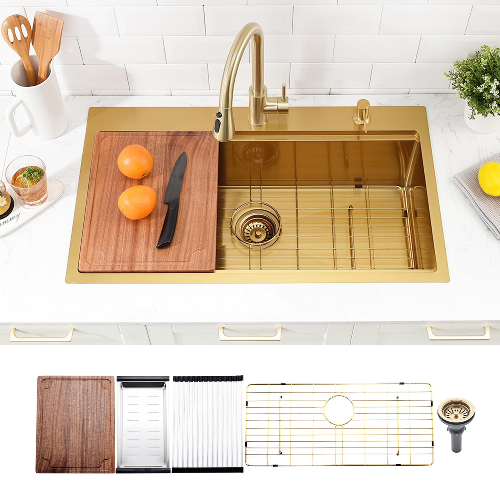 Boomhoze 33 Inch Gold Drop In Kitchen Sink, 33X19 Top Mount Kitchen Sink 16 Gauge Stainless Steel Single Bowl Large Kitchen Sink