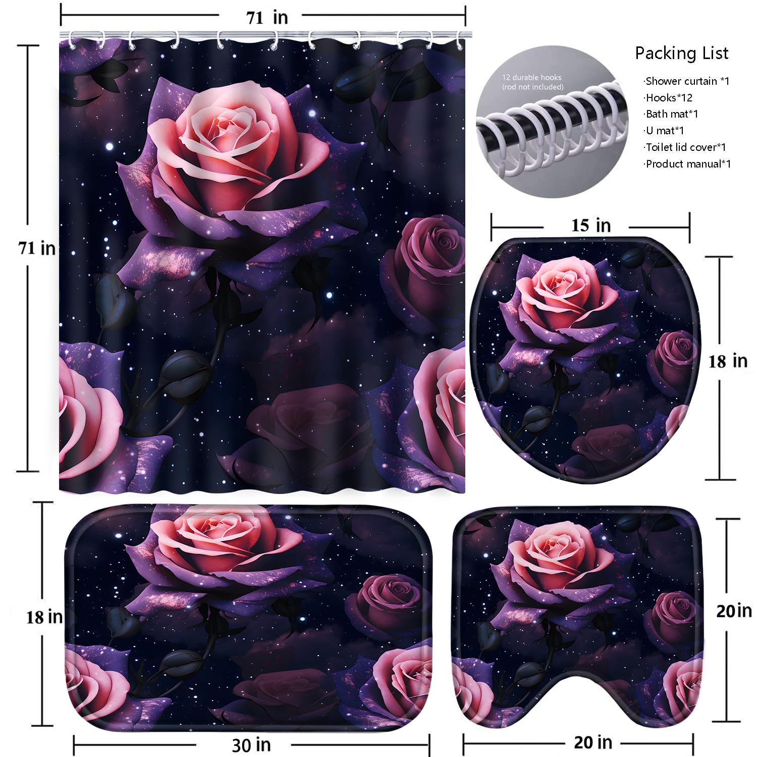 Poedist 4 Pcs Shower Curtain Set, Red Rose Bathroom Set,Romantic Shower Curtain Sets With Rugs(Bath Mat,U Shape And Toilet Lid C