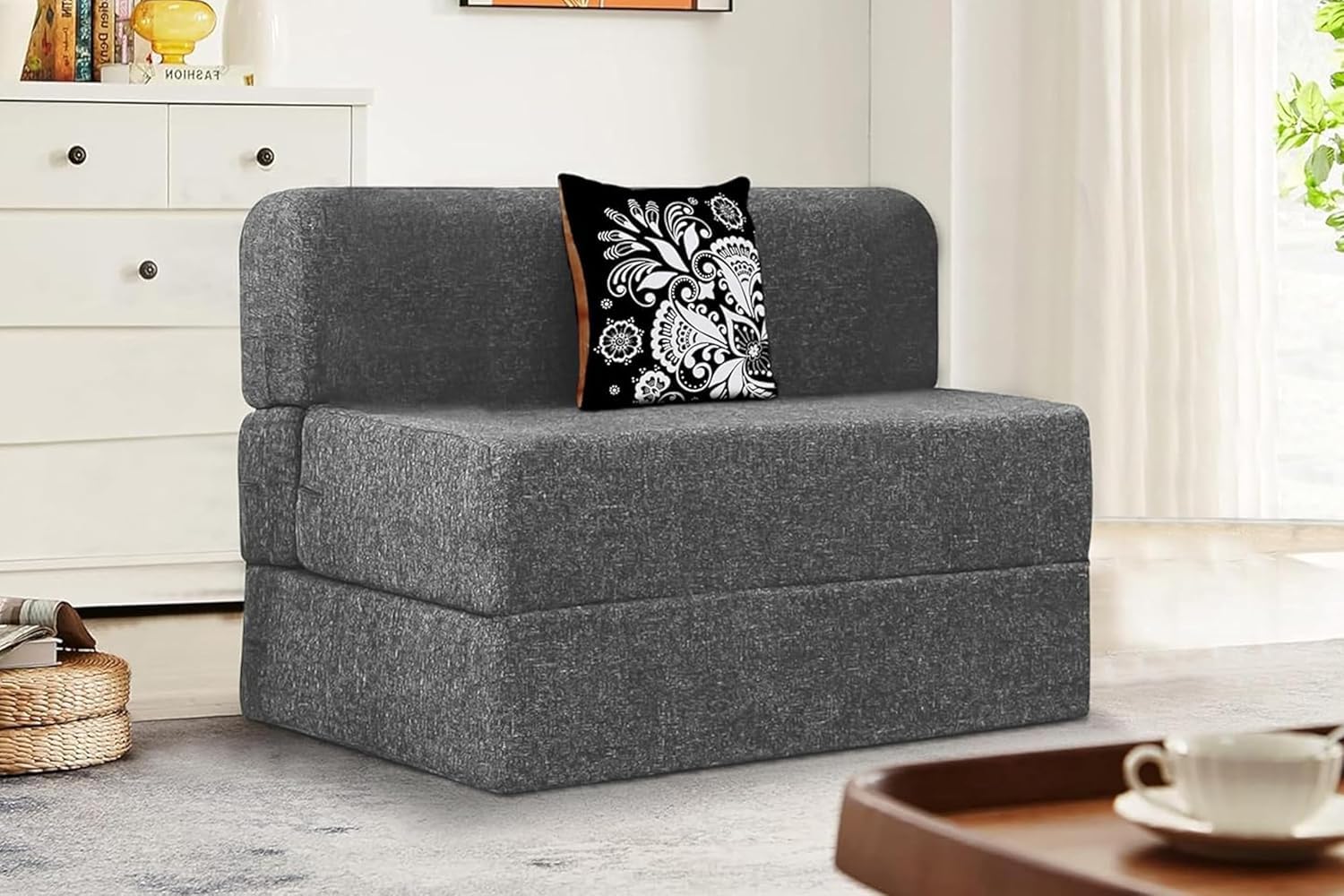 Rosebell 1Seater Sofa Cum Bed With One Printed Cushion  SpaceSaving Convertible Sofa For Living Room & Office, Guest Room  G