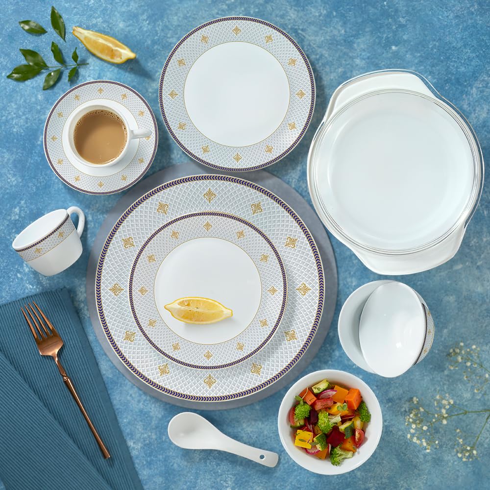 Larah By Borosil Opalware Dinner Set | 62 Pcs For Family Of 8 | Microwave & Dishwasher Safe | Bone-Ash Free | Crockery Set For D