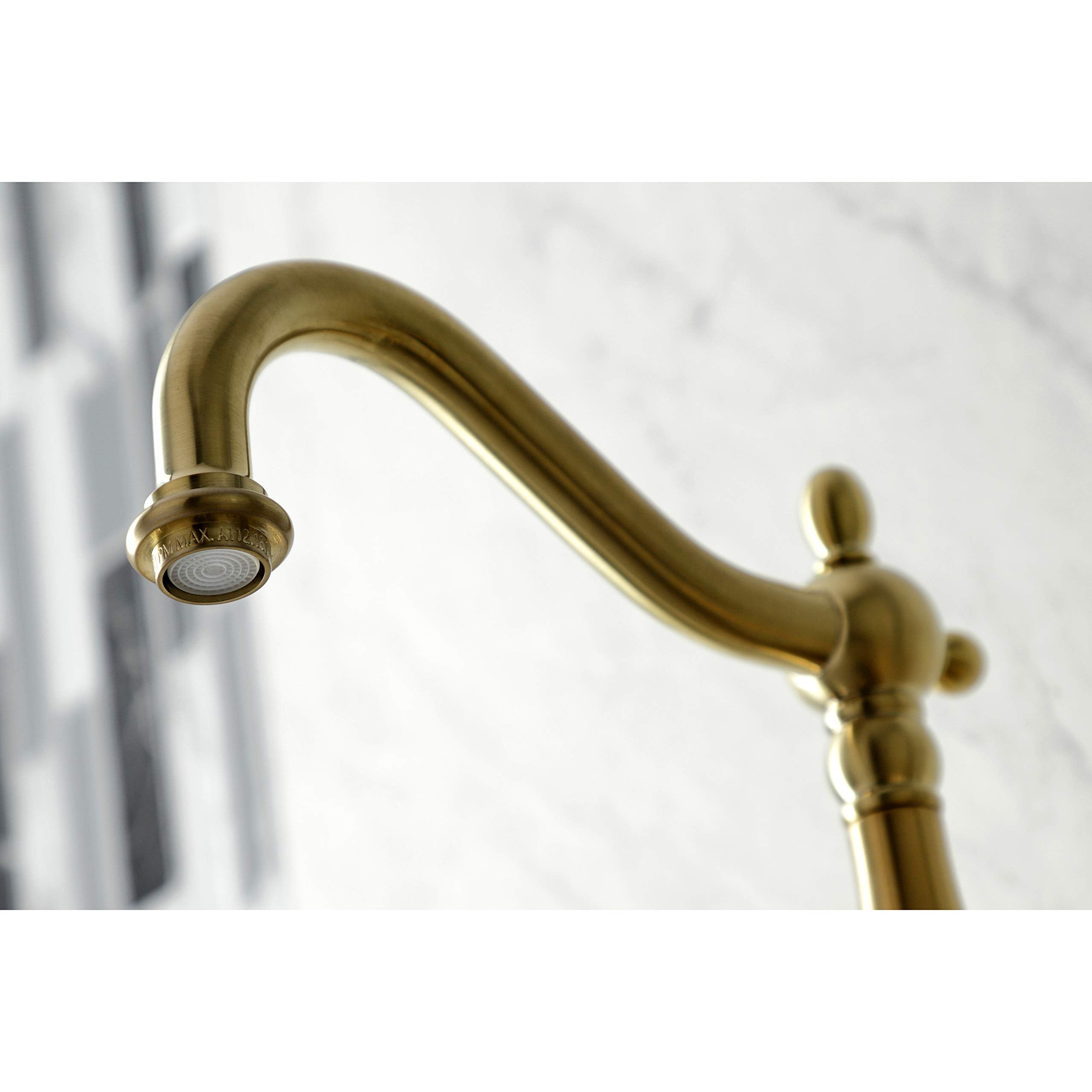 Kingston Brass KS1267PKLBS Duchess Wall Mount Bridge Kitchen Faucet with Brass Sprayer  Brushed Brass