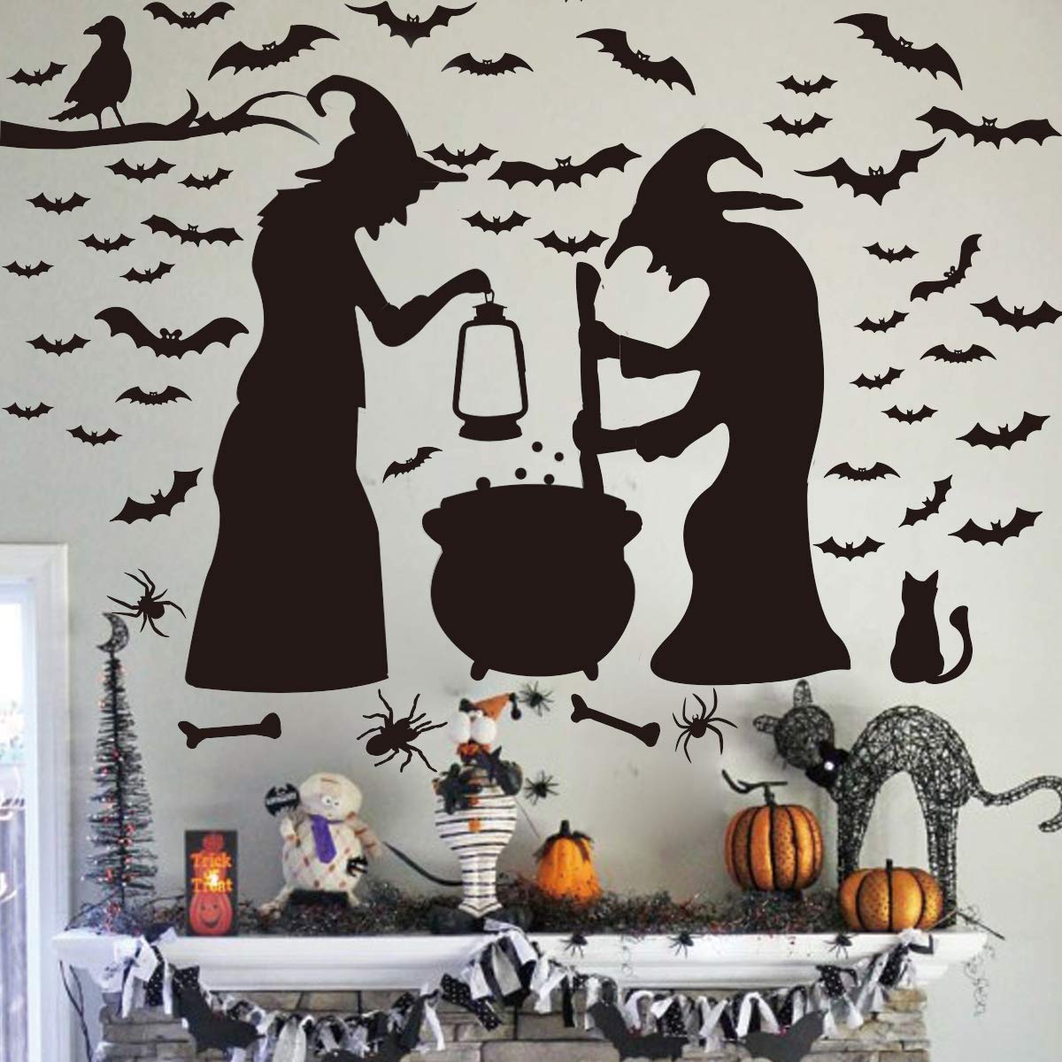 Ivenf Halloween Party Supplies Decorations Wall Decal Window Decor 2 Witches With Bats Spider Mouse & Crow