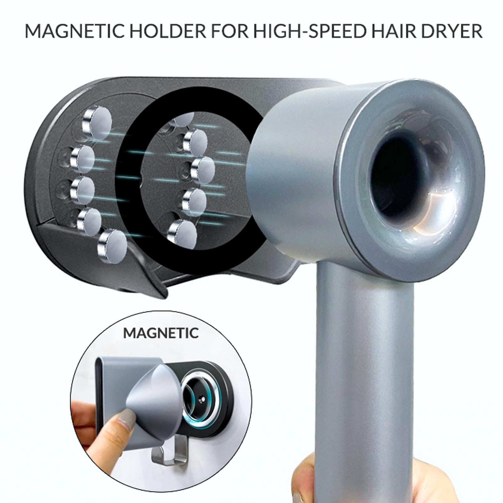 Simpletome Hair Dryer Holder Wall Mount For All Magnetic High Speed Blow Dryer With Plug Cord Organizer Hook (Abs Plastic, Grey)