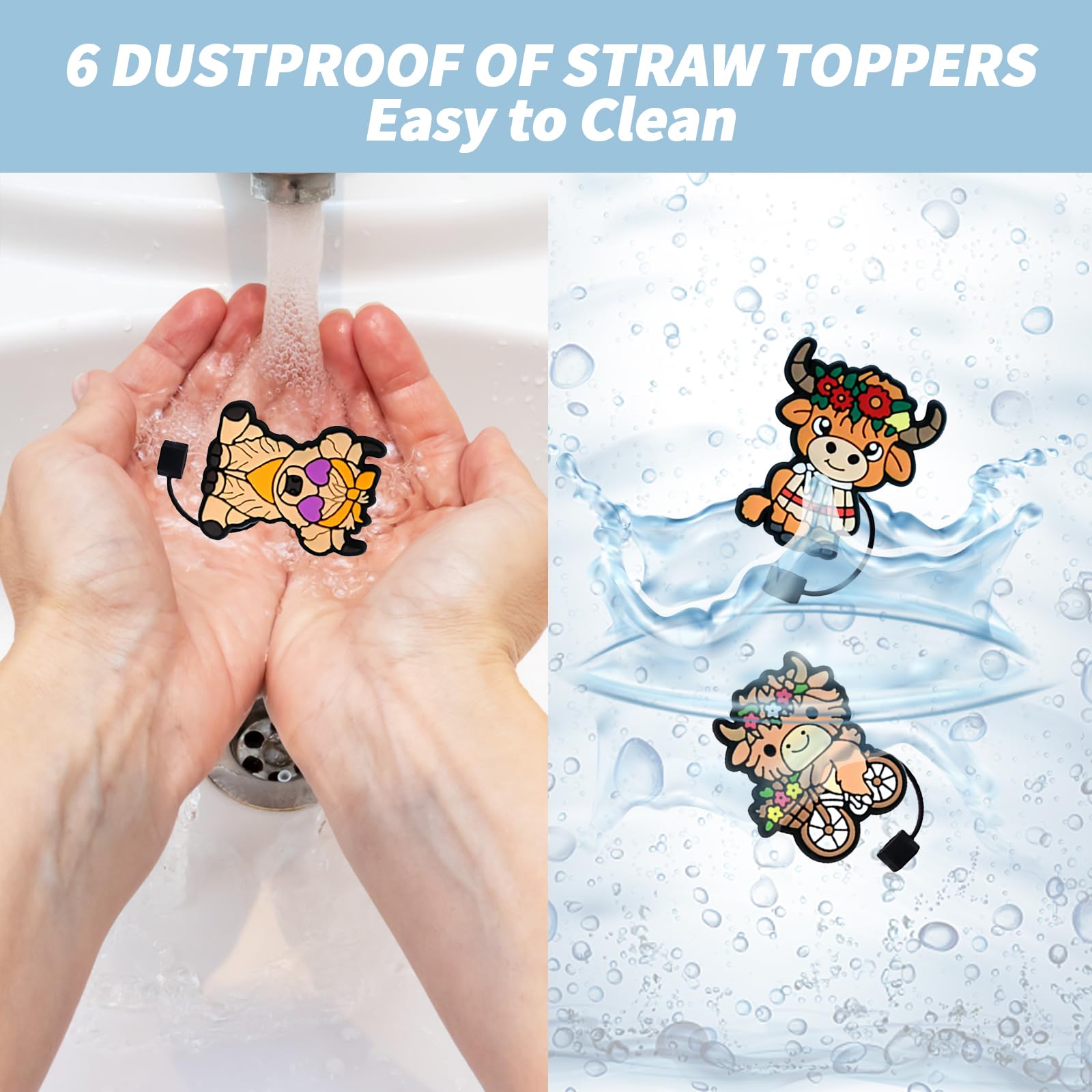6 Pack Straw Toppers Compatible with Stanley Cup 40 oz Tumbler, Reusable Dust-Proof Silicone Highland Cow Straw Cover Caps - Wes