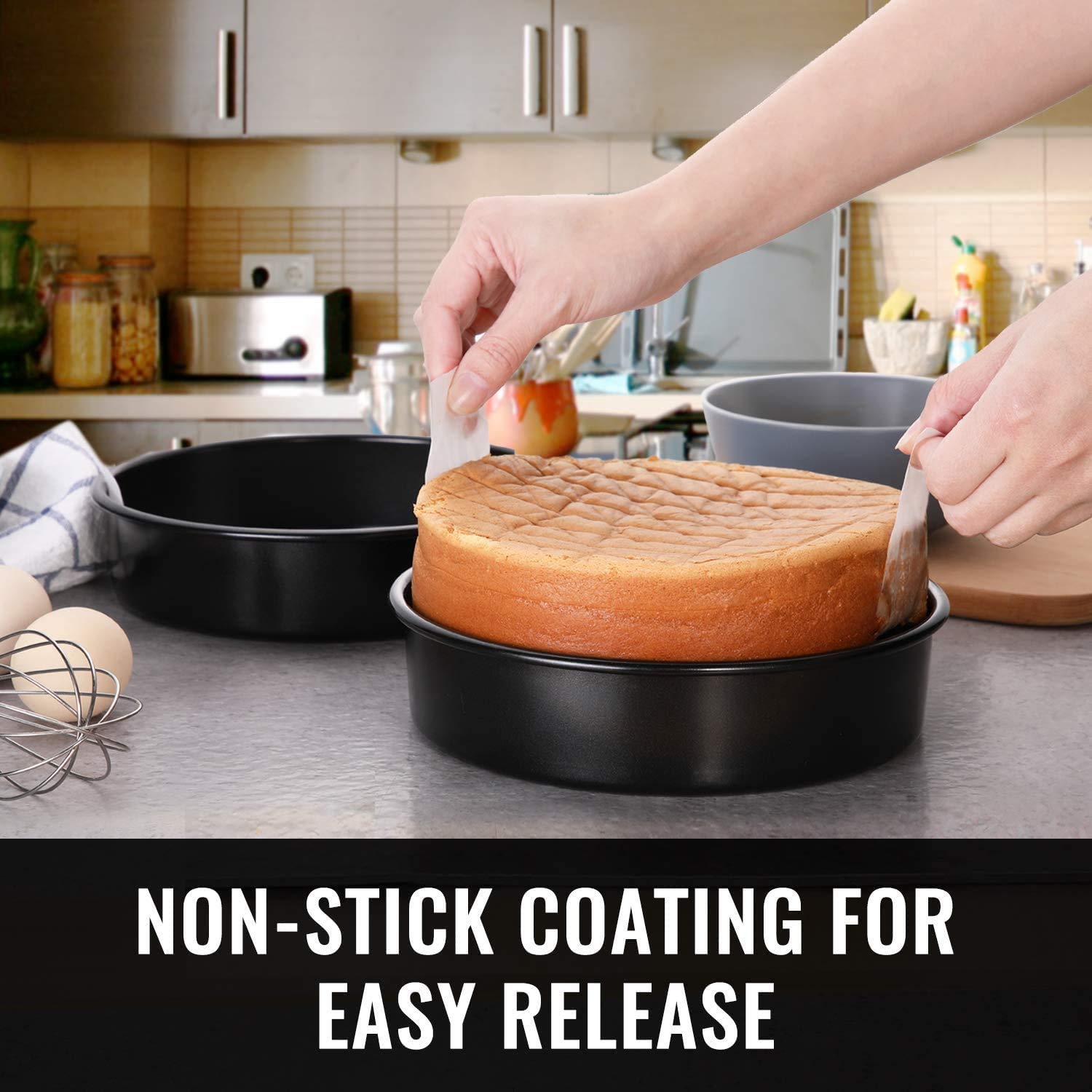 Hiware 8-Inch Round Cake Pan Set Of 3, Nonstick Baking Cake Pans With 90 Pieces Parchment Paper, Dishwasher Safe