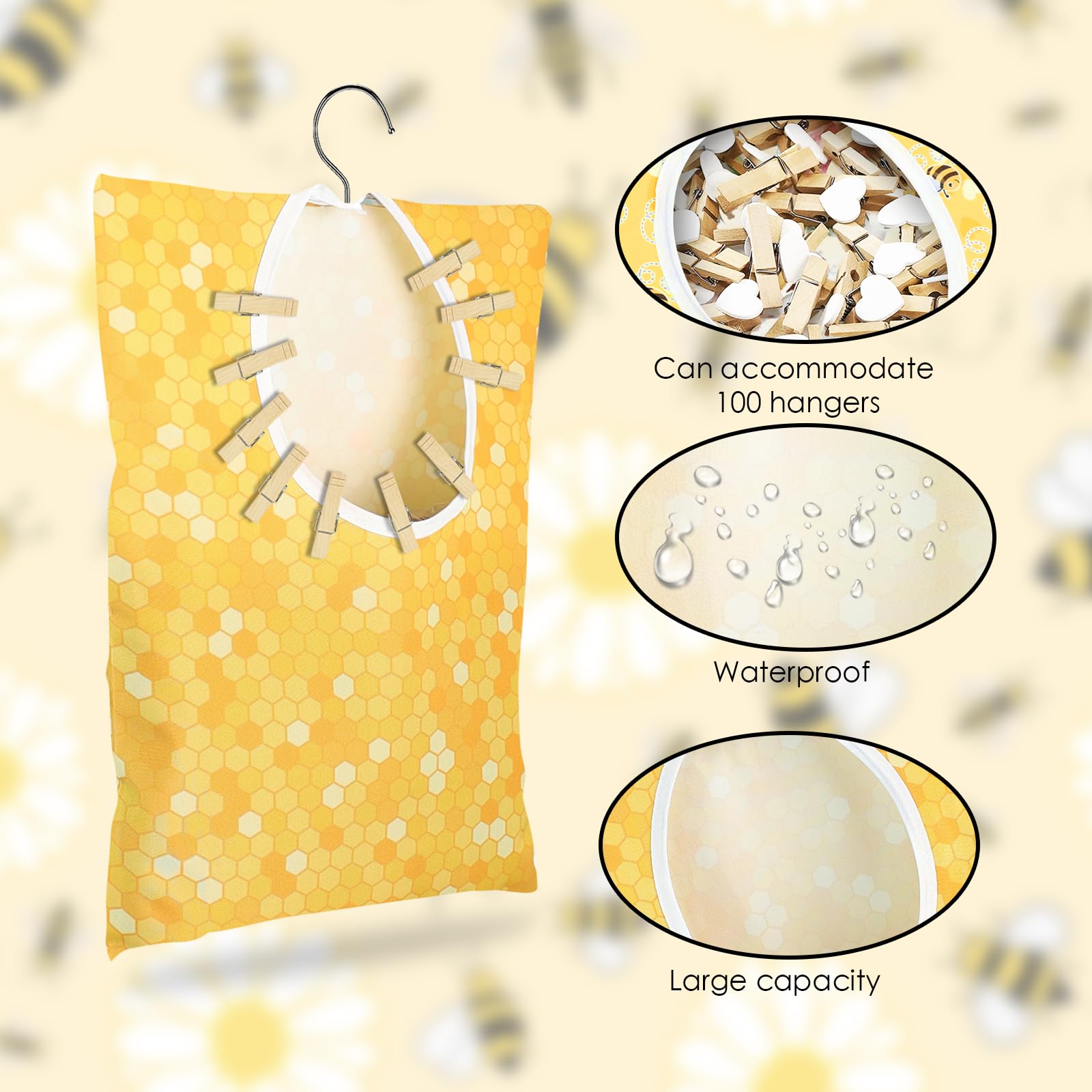 2 Pcs Bee Clothes Pin Bag Bee Clothespin Bag Holder Bee Honeycomb Clothespin Holder 15 X 11 Inch Clothes Pin Hanging Bag Clothes